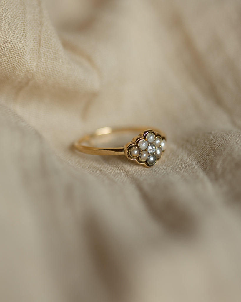 Lydie Antique 18ct Gold Diamond & Pearl Cluster Ring