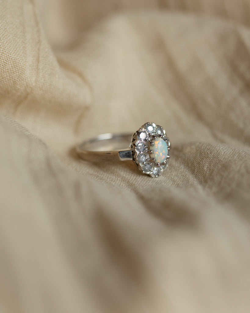 Annette Vintage 18ct White Gold Opal & Diamond Cluster Ring