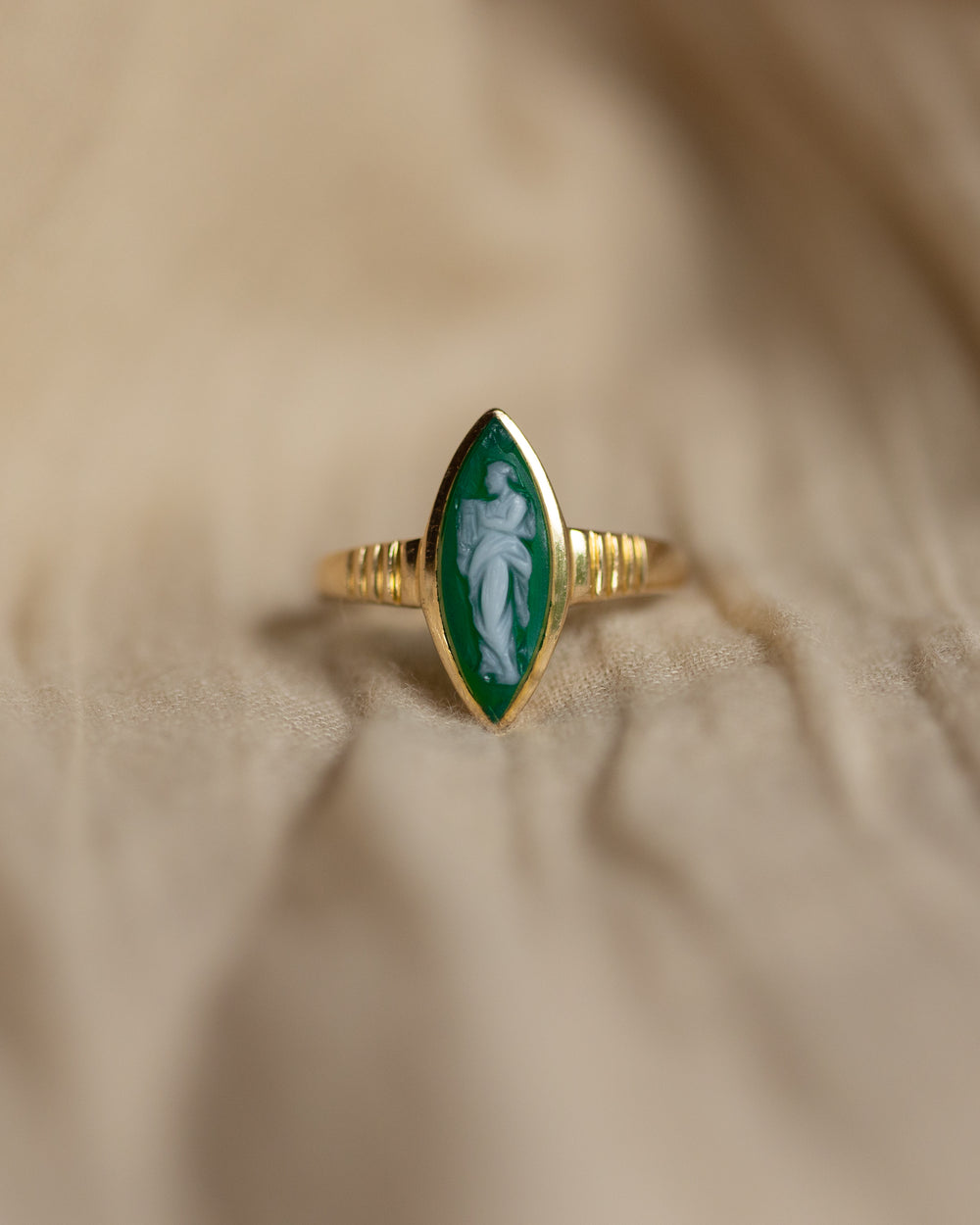 Theodora 1905 Antique 9ct Gold Green Agate Marquise Cameo Ring