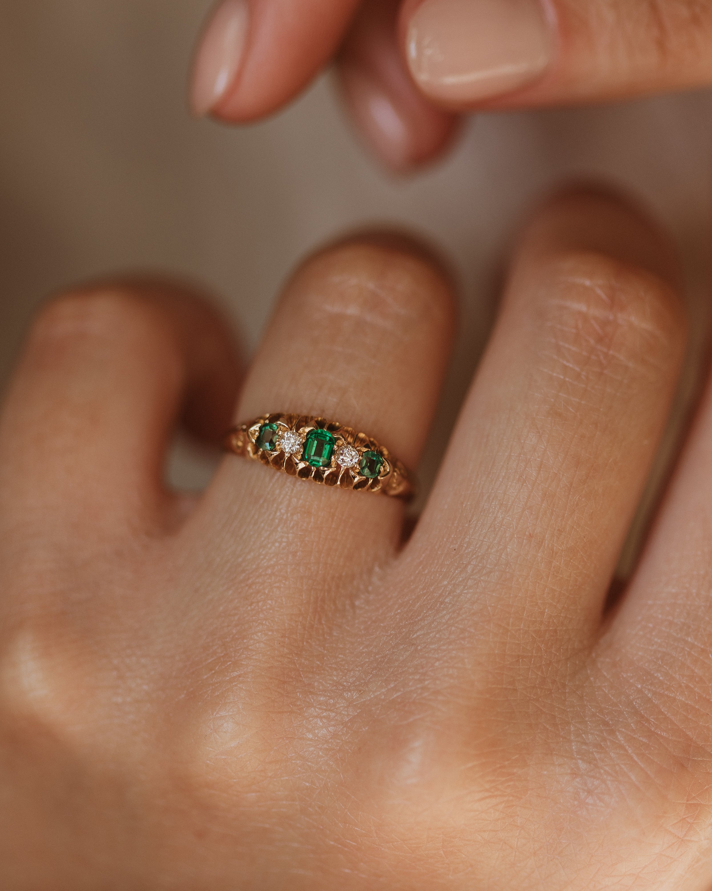Image of Juliette 1903 Antique 18ct Gold Green Garnet & Diamond Five Stone Ring