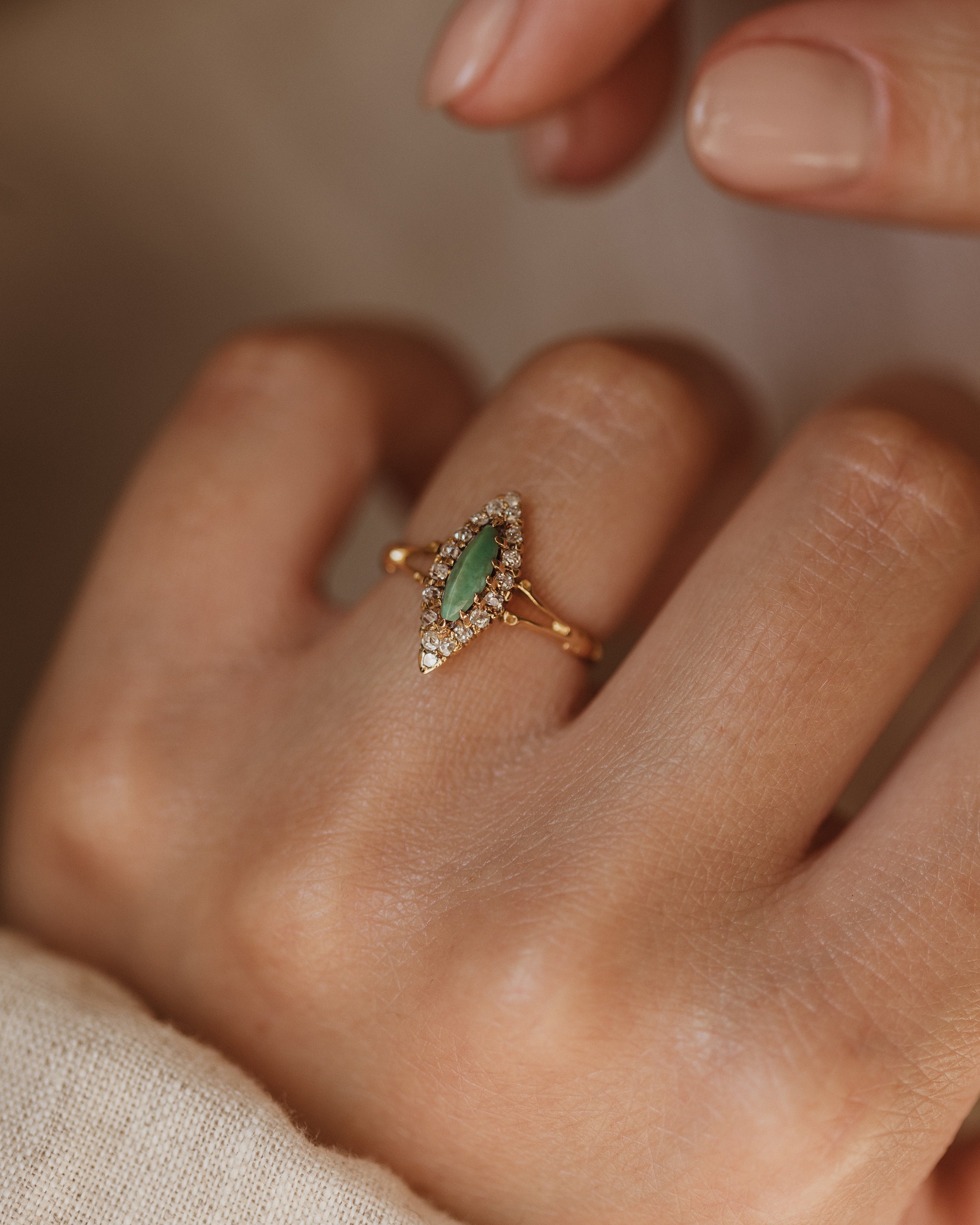 Image of Corrine Antique 18ct Gold Turquoise & Diamond Marquise Cluster Ring