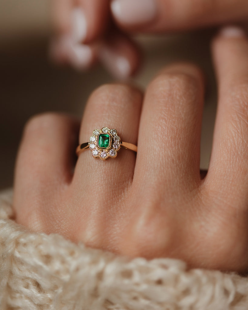 Clémentine 1995 Vintage 18ct Gold Emerald & Diamond Cluster Ring