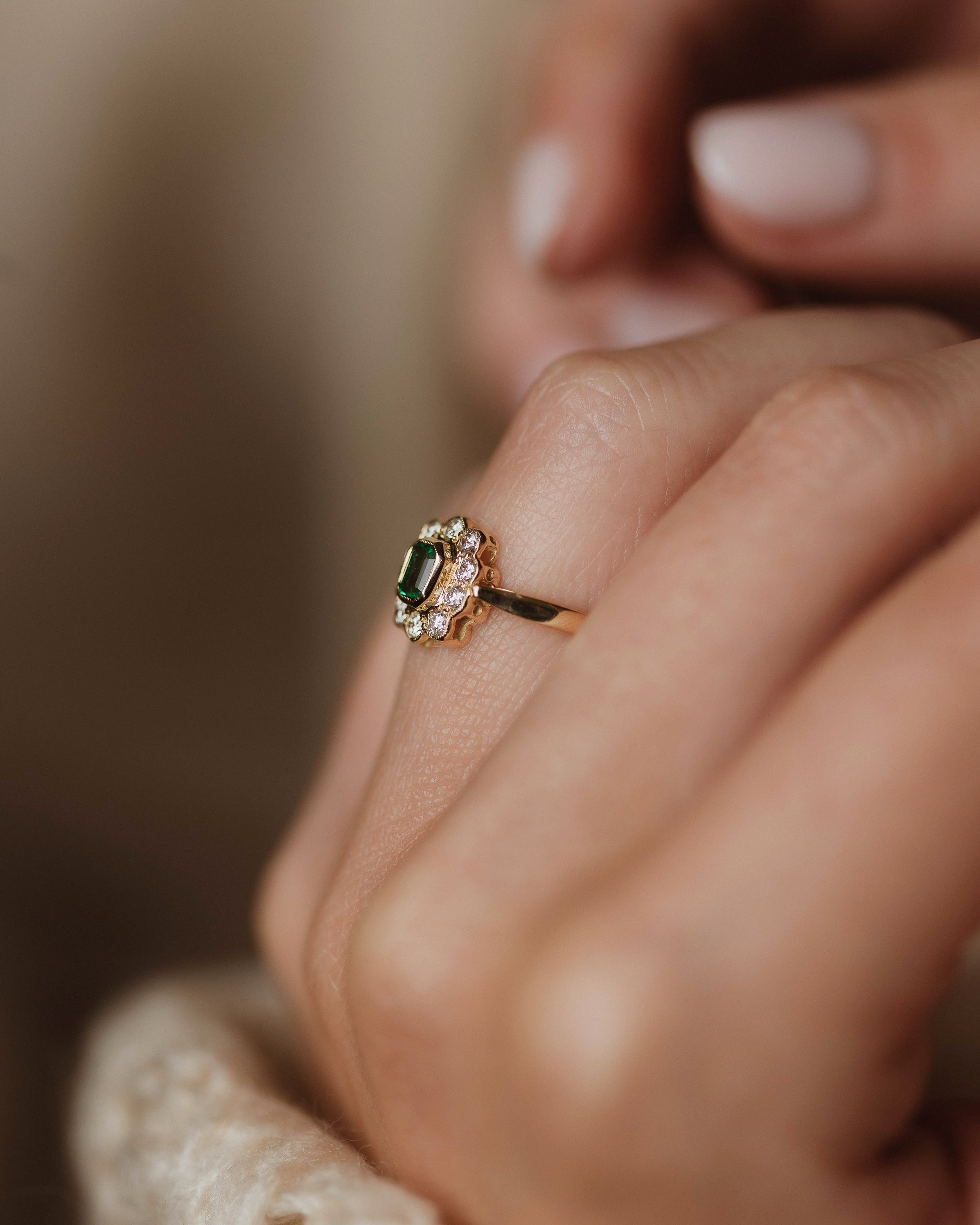 Clémentine 1995 Vintage 18ct Gold Emerald & Diamond Cluster Ring