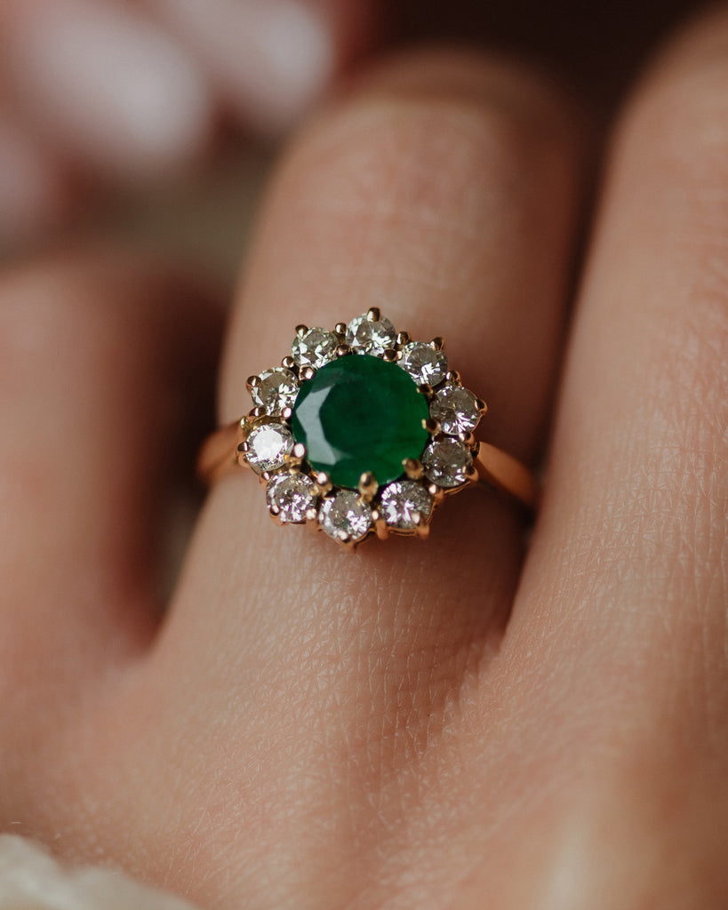 Germaine 1978 Vintage 18ct Gold Emerald & Diamond Cluster Ring