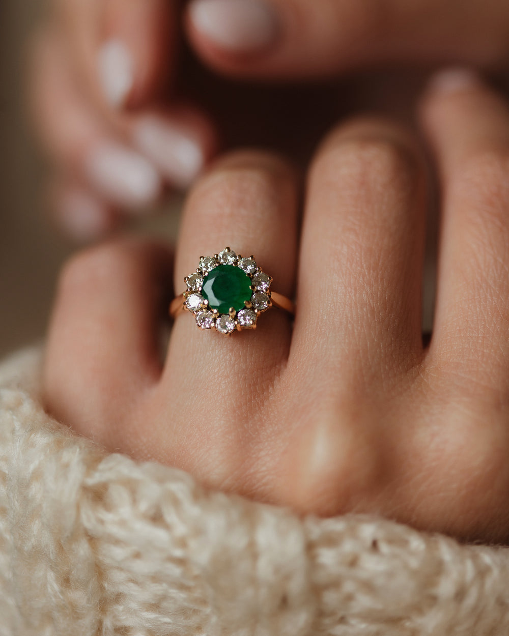 Germaine 1978 Vintage 18ct Gold Emerald & Diamond Cluster Ring