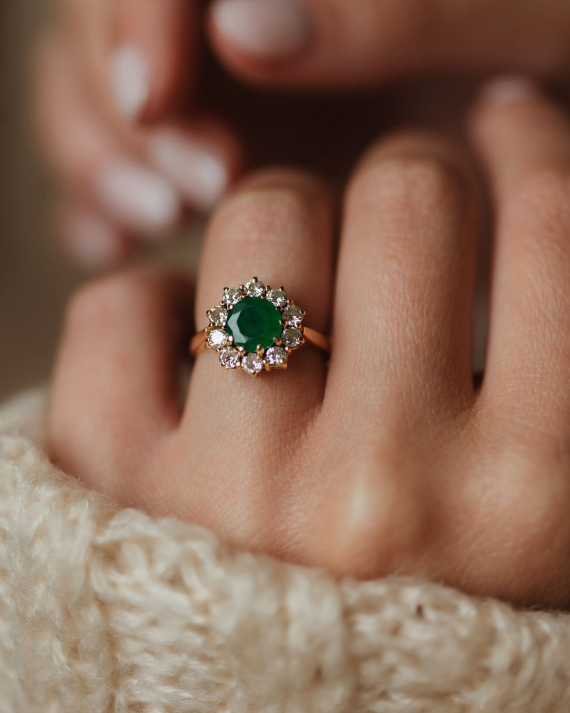 Germaine 1978 Vintage 18ct Gold Emerald & Diamond Cluster Ring