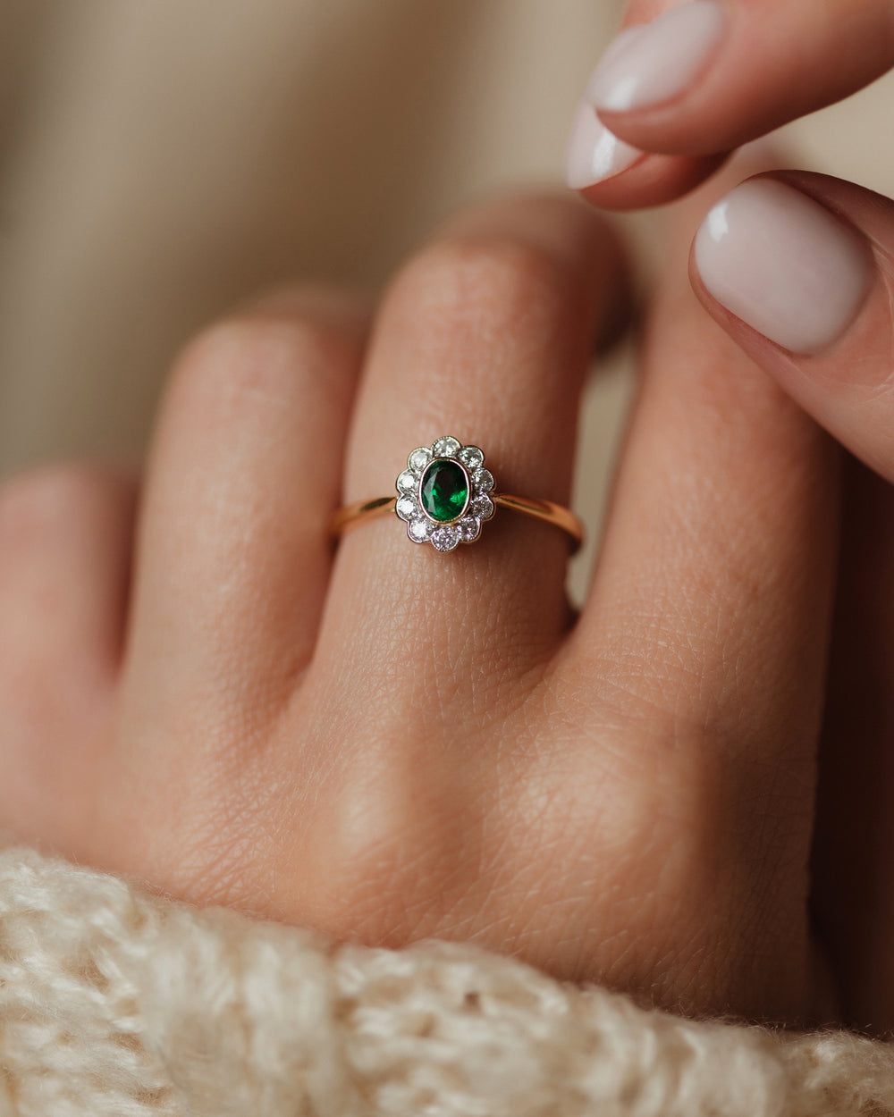 Amarilis Vintage 18ct Gold Emerald & Diamond Cluster Ring