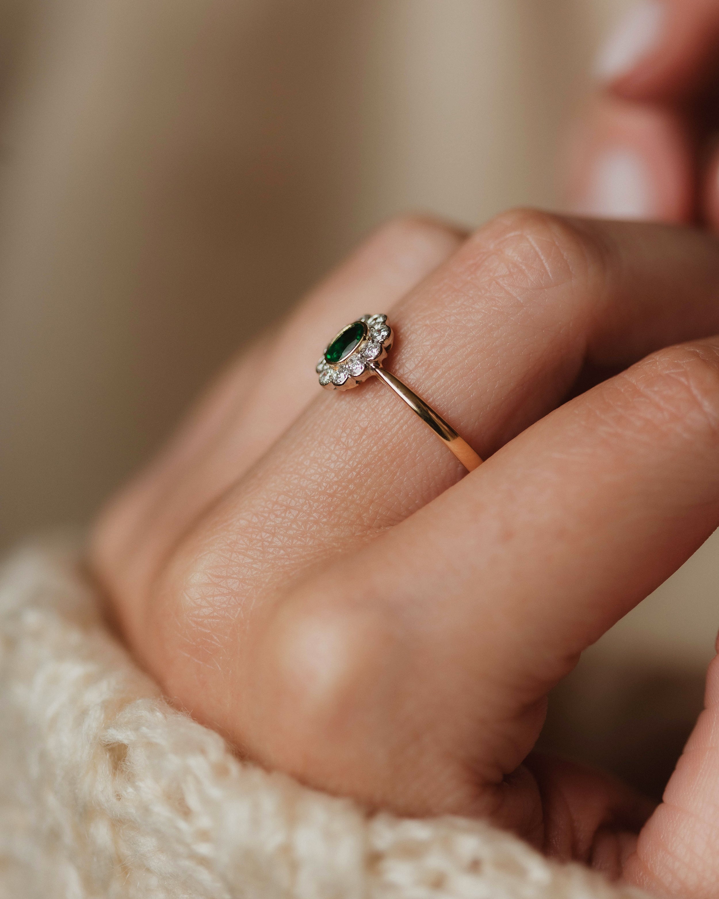 Amarilis Vintage 18ct Gold Emerald & Diamond Cluster Ring
