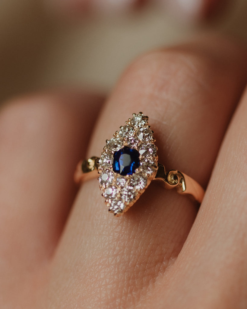 Gardenia 1918 Antique 18ct Gold Sapphire & Diamond Marquise Cluster Ring
