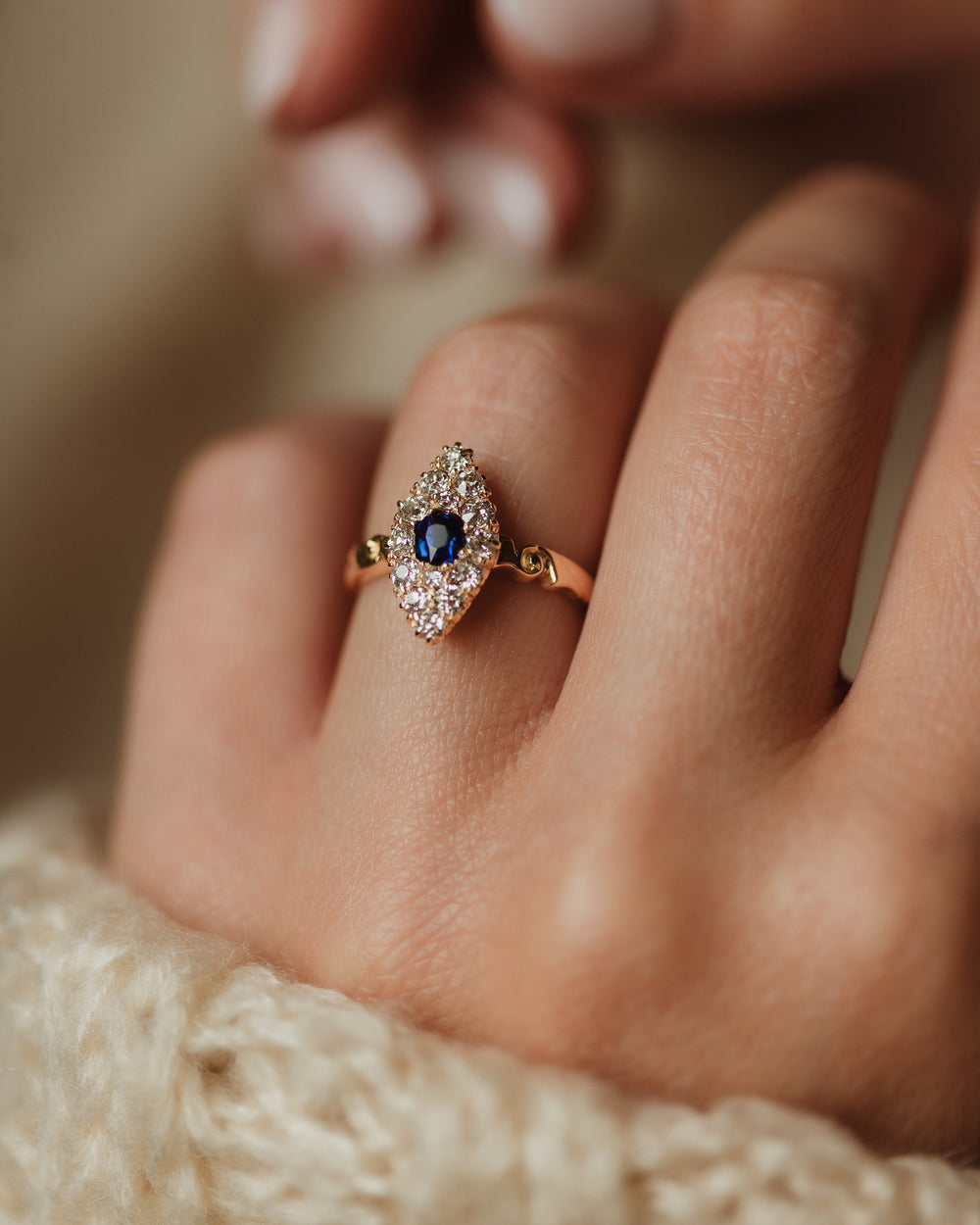 Gardenia 1918 Antique 18ct Gold Sapphire & Diamond Marquise Cluster Ring