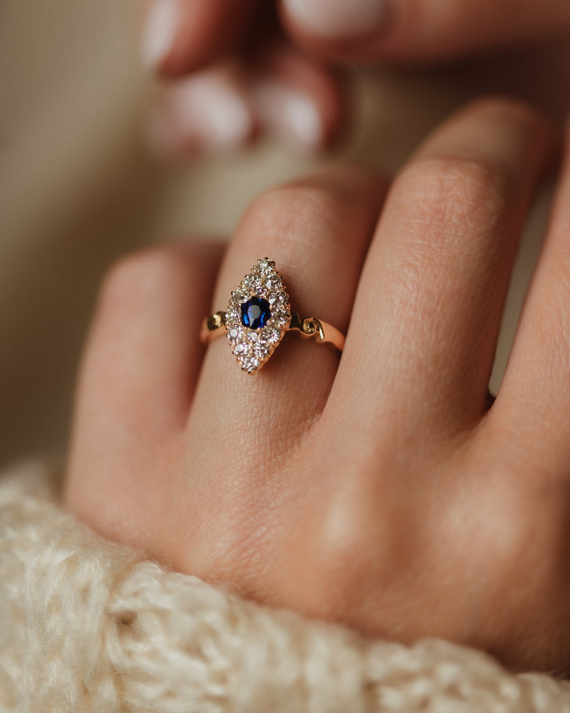 Gardenia 1918 Antique 18ct Gold Sapphire & Diamond Marquise Cluster Ring