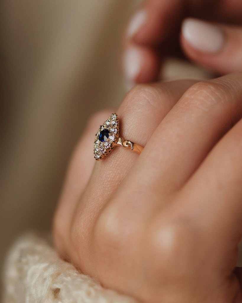 Gardenia 1918 Antique 18ct Gold Sapphire & Diamond Marquise Cluster Ring