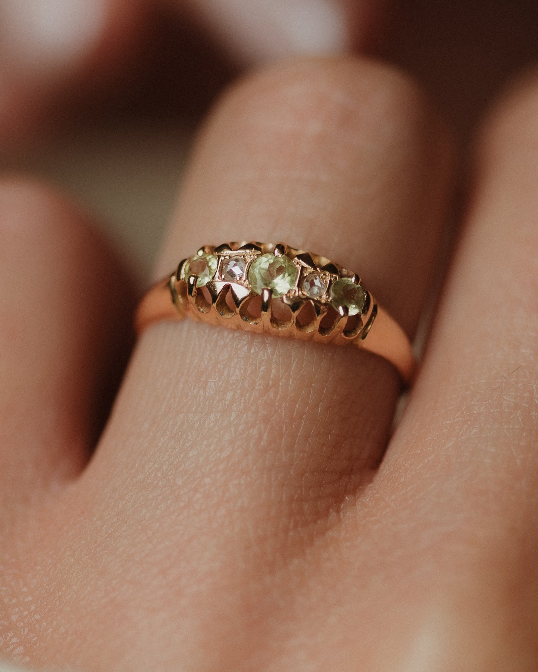 Jacinta 1909 Antique 18ct Gold Peridot & Diamond Five Stone Ring