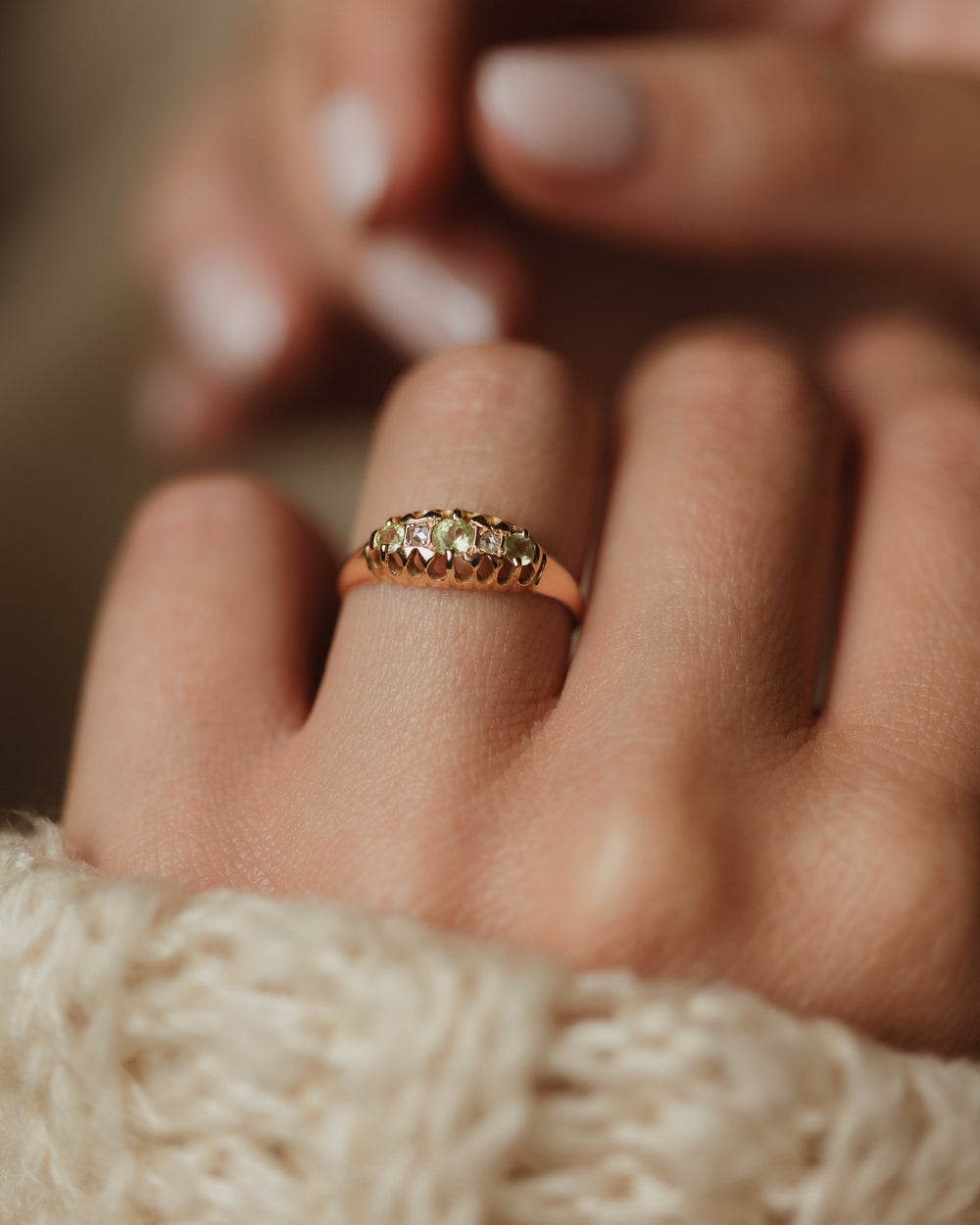 Jacinta 1909 Antique 18ct Gold Peridot & Diamond Five Stone Ring