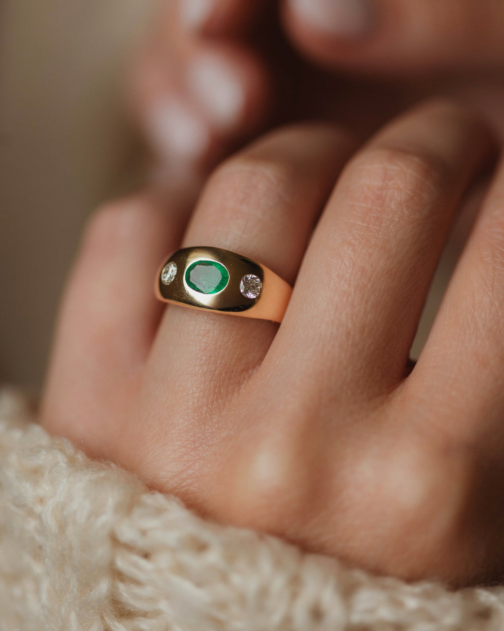 Grace Vintage 18ct Gold Emerald & Diamond Trilogy Rubover Ring