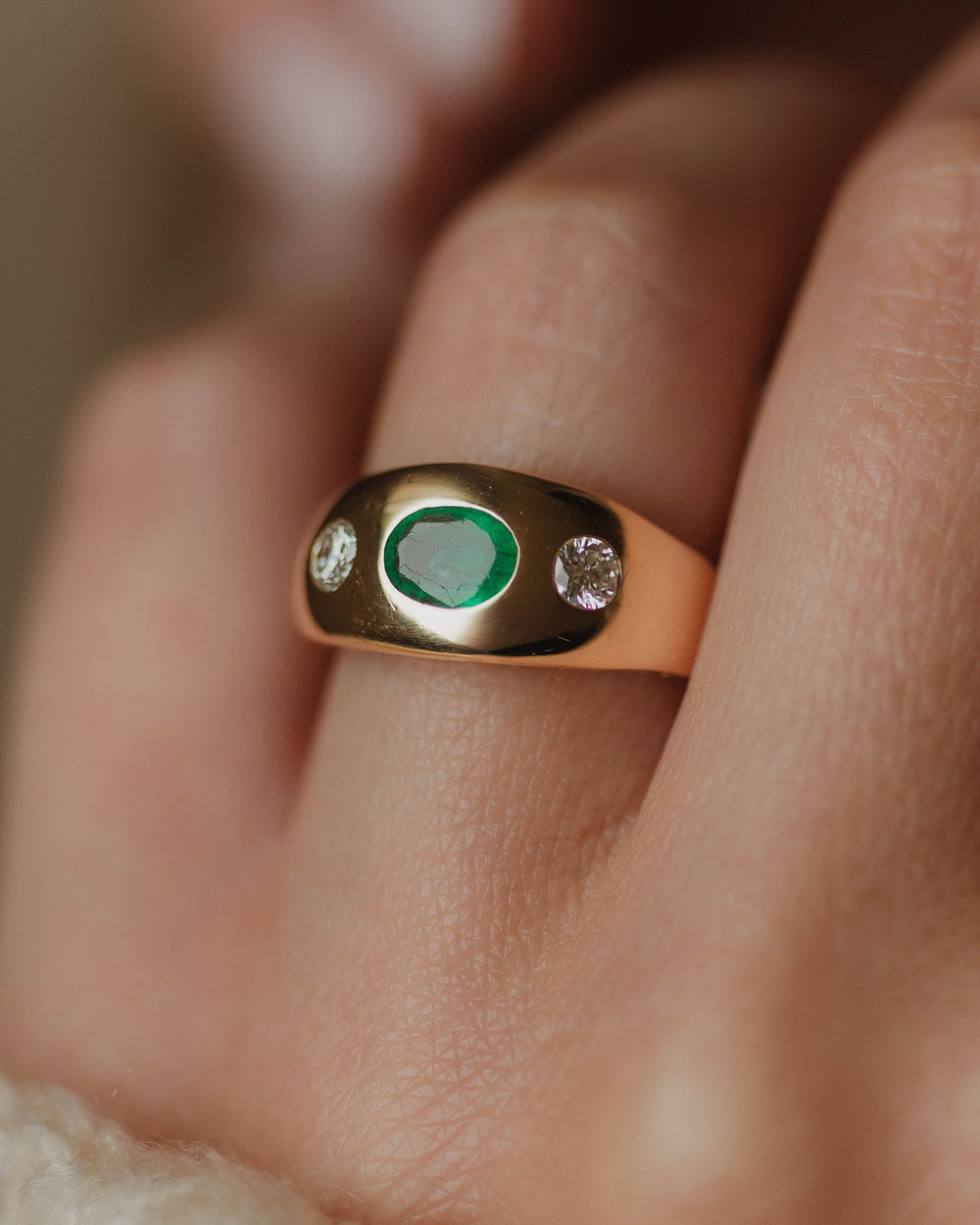 Grace Vintage 18ct Gold Emerald & Diamond Trilogy Rubover Ring