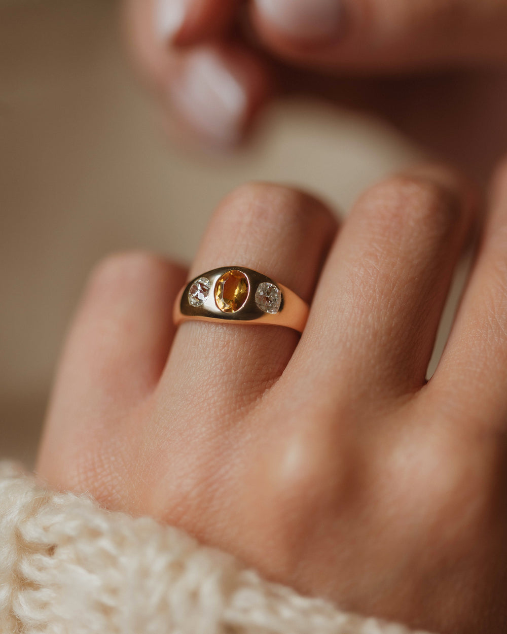 Esther Antique 18ct Gold Citrine & Diamond Trilogy Rubover Ring