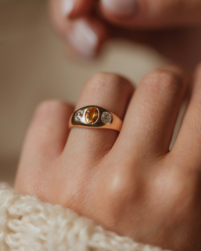Esther Antique 18ct Gold Citrine & Diamond Trilogy Rubover Ring