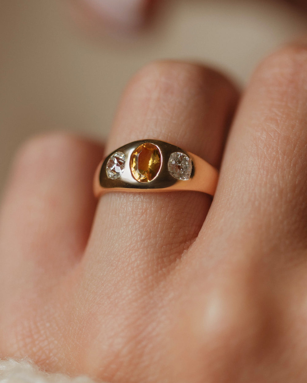 Esther Antique 18ct Gold Citrine & Diamond Trilogy Rubover Ring