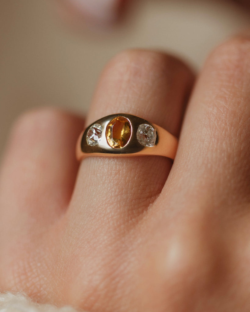 Esther Antique 18ct Gold Citrine & Diamond Trilogy Rubover Ring