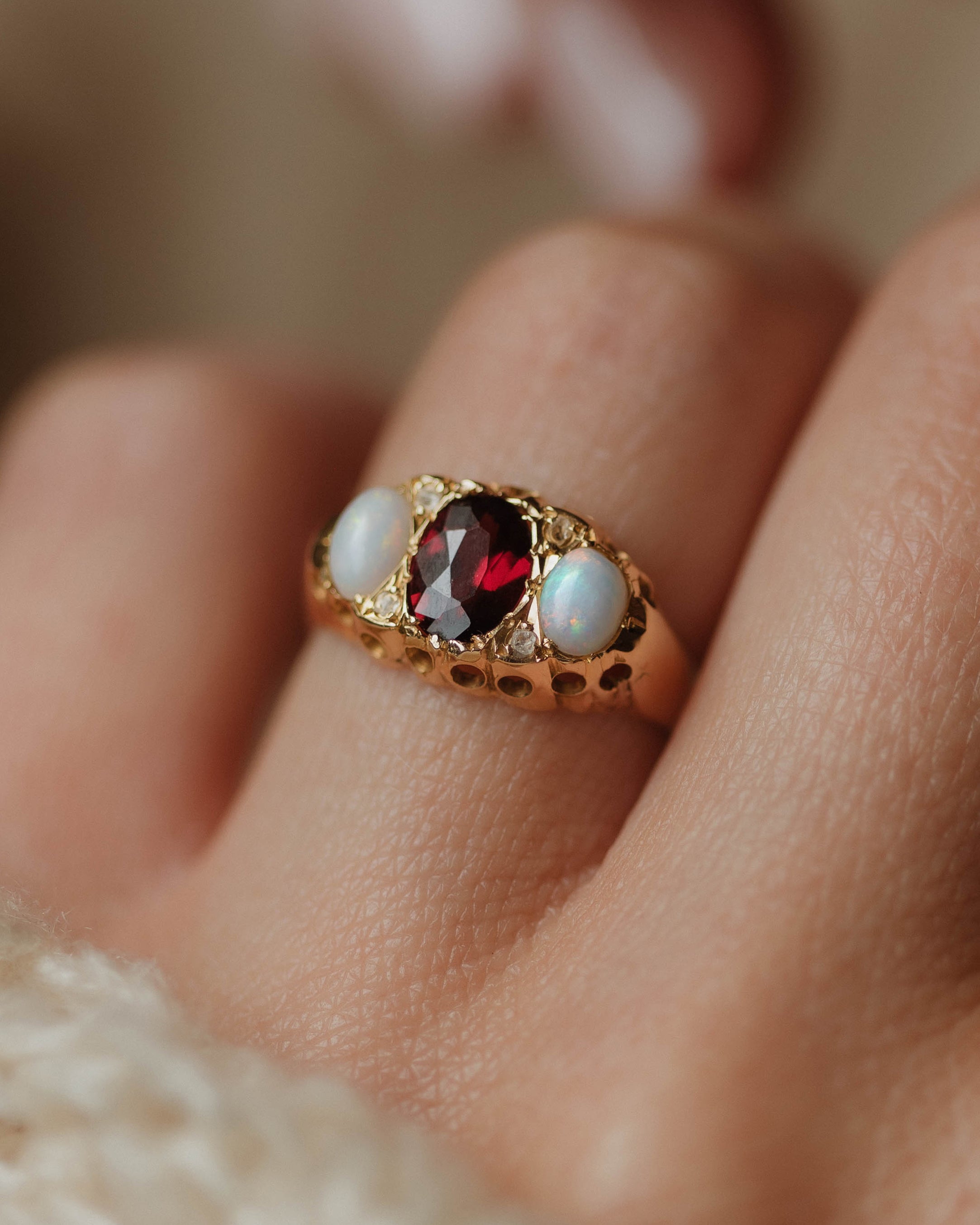 Phillis 1906 Antique 18ct Gold Garnet, Opal & Diamond Ring