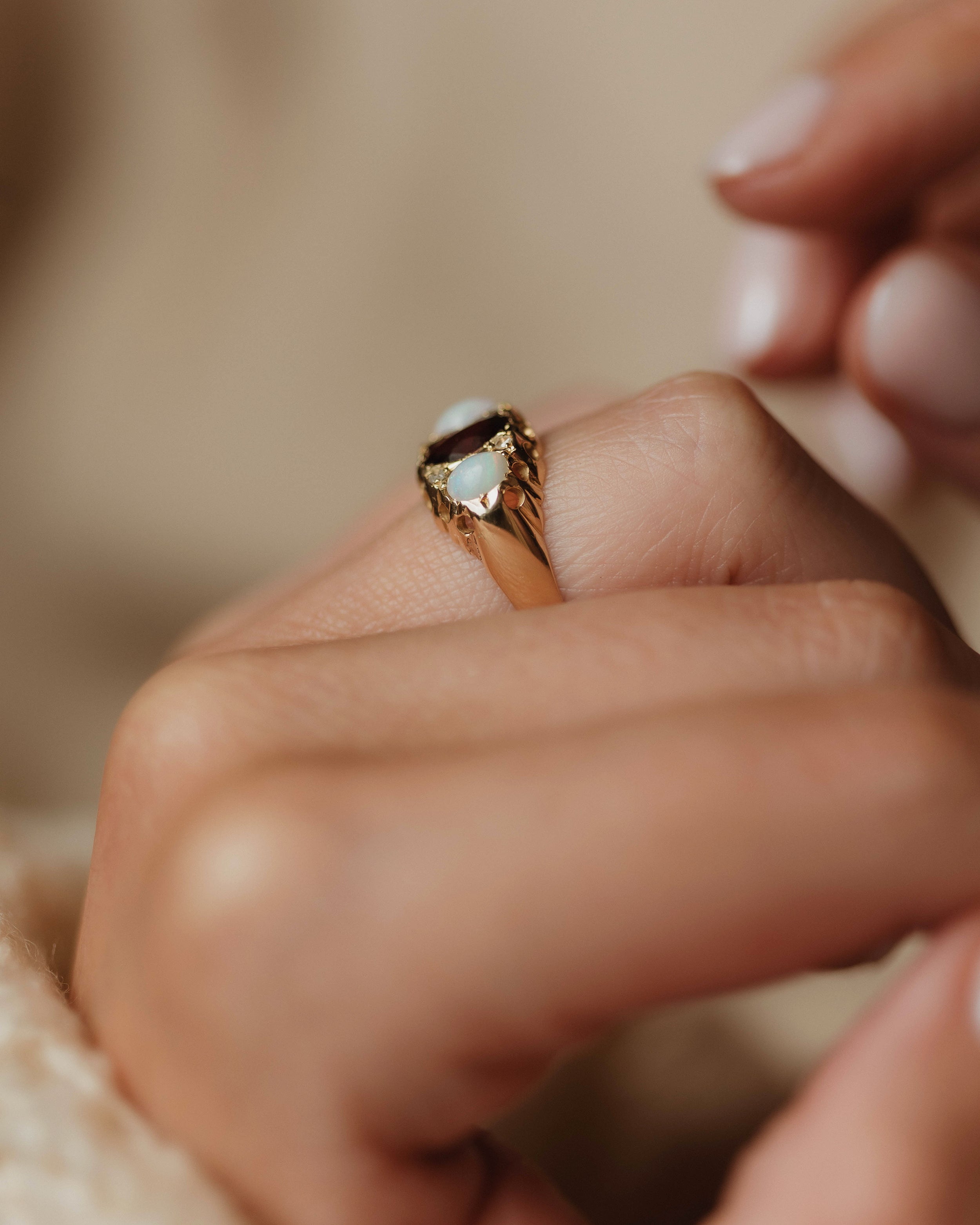 Phillis 1906 Antique 18ct Gold Garnet, Opal & Diamond Ring