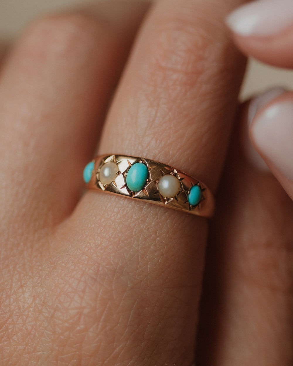 Sylvia Antique 18ct Gold Turquoise & Pearl Five Stone Ring