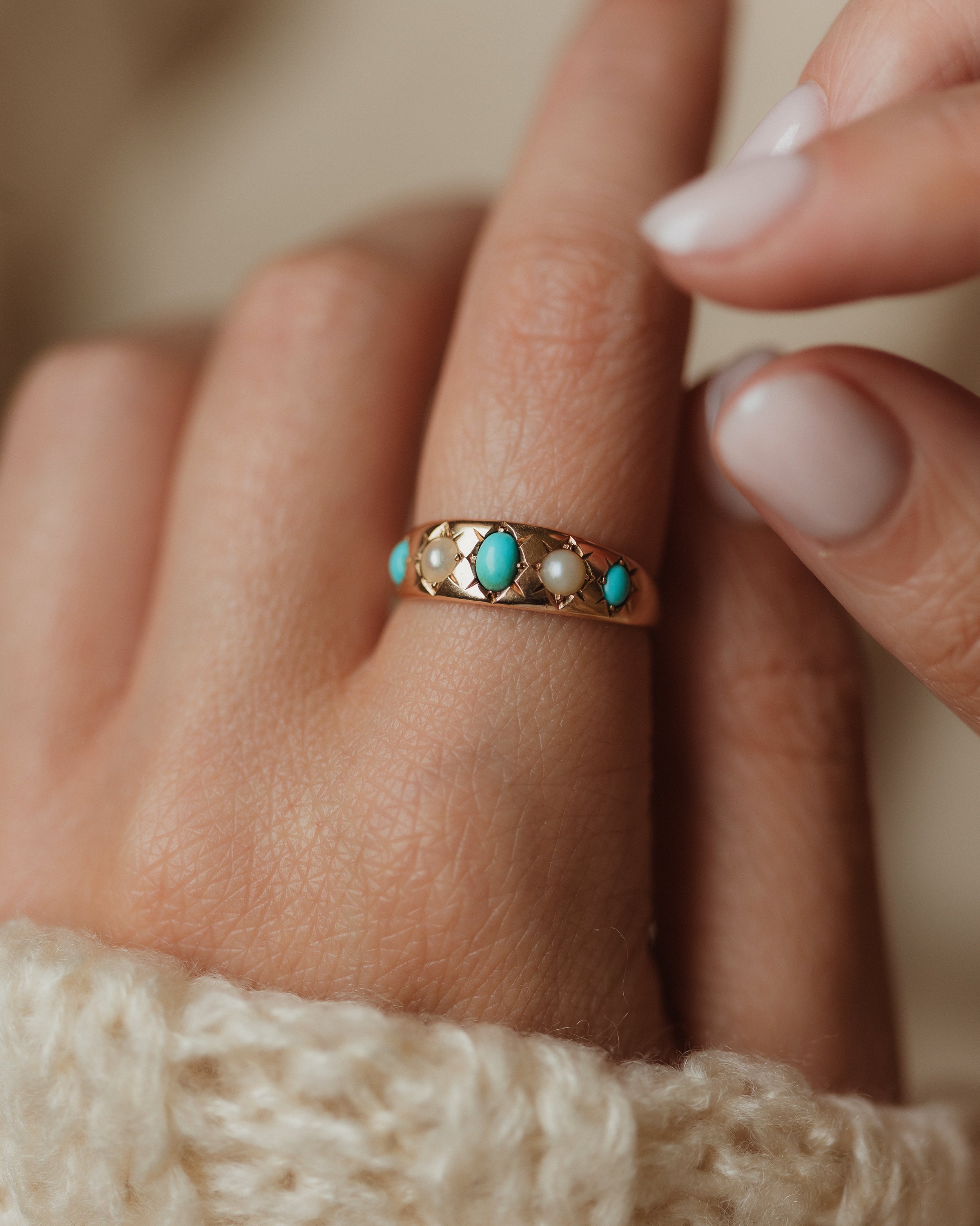 Image of Sylvia Antique 18ct Gold Turquoise & Pearl Five Stone Ring
