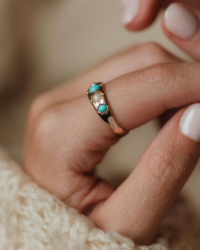 Sylvia Antique 18ct Gold Turquoise & Pearl Five Stone Ring
