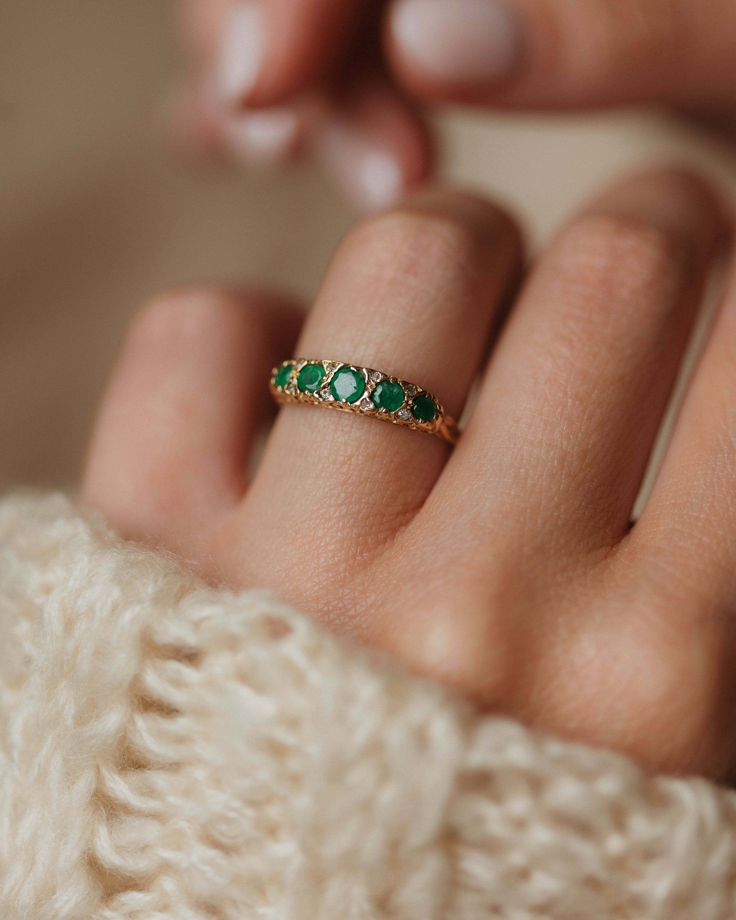 Alethia 1974 Vintage 9ct Gold Emerald & Diamond Five Stone Ring