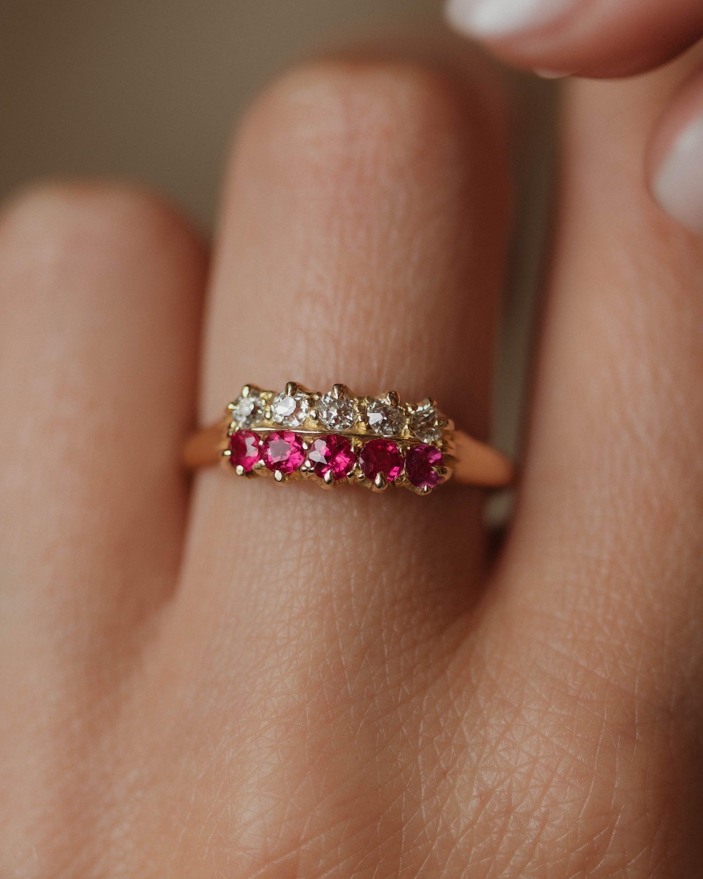 Genevieve Antique 18ct Gold Ruby & Diamond Ten Stone Ring