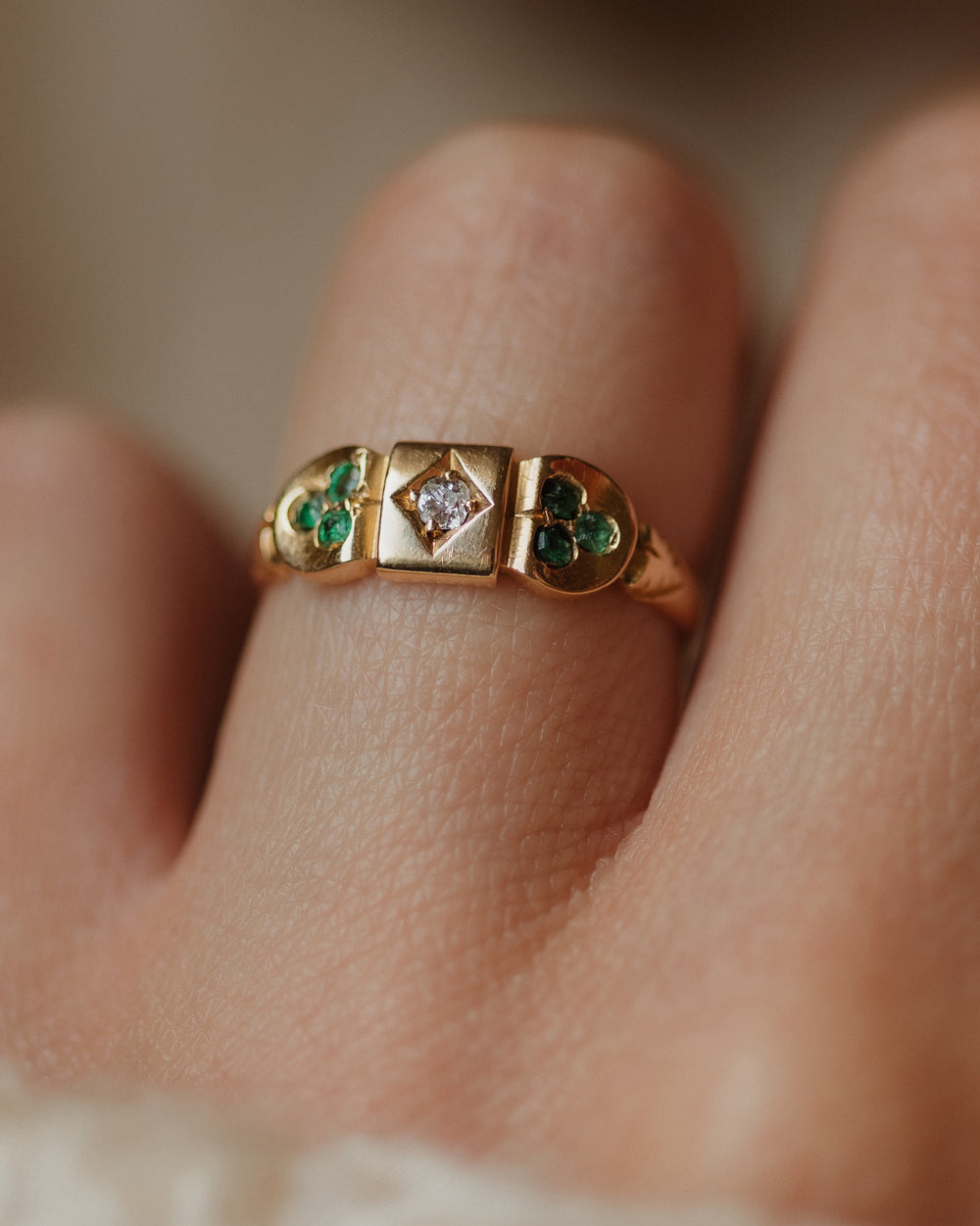 Portia Antique 18ct Gold Emerald & Diamond Shamrock Ring