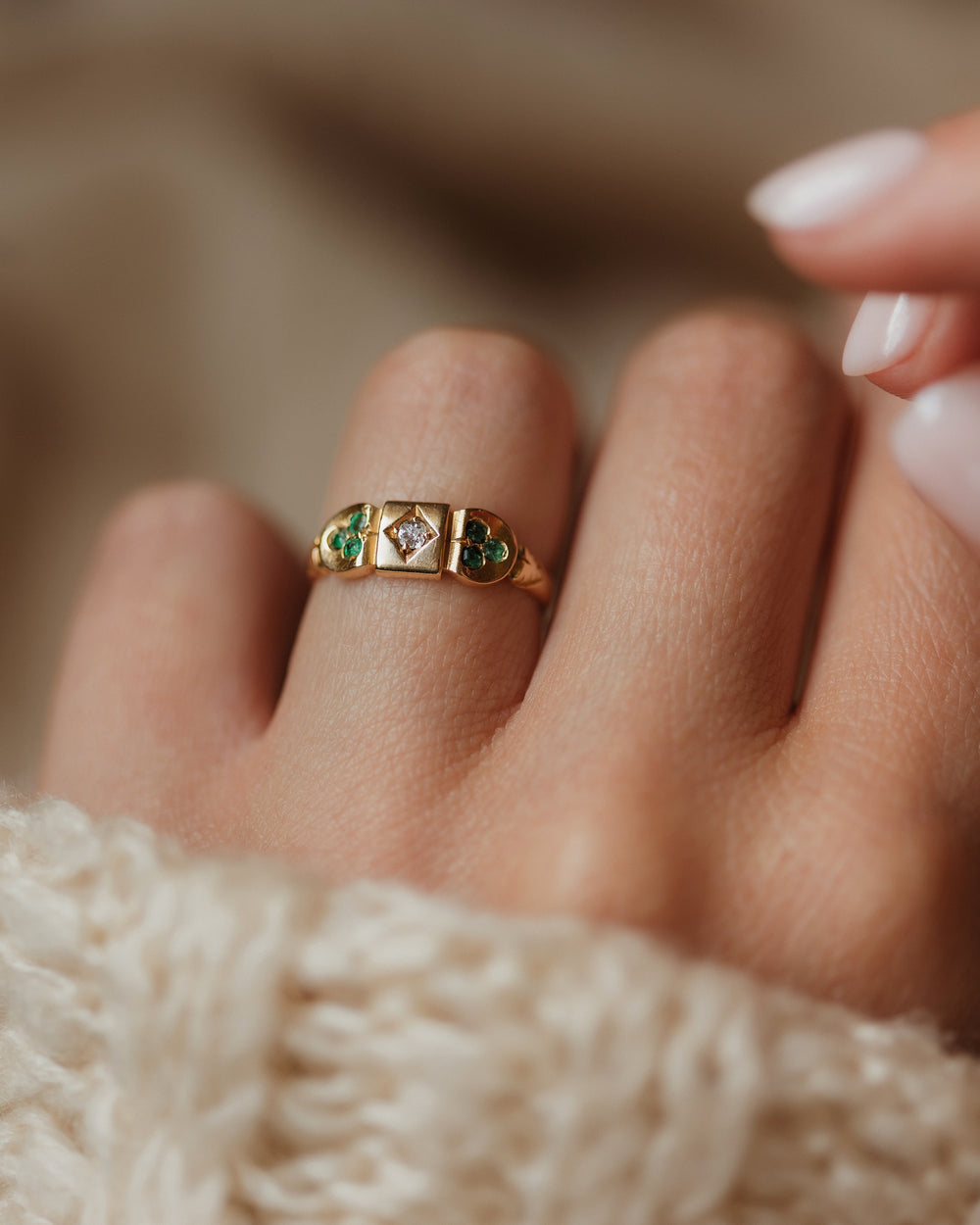 Portia Antique 18ct Gold Emerald & Diamond Shamrock Ring