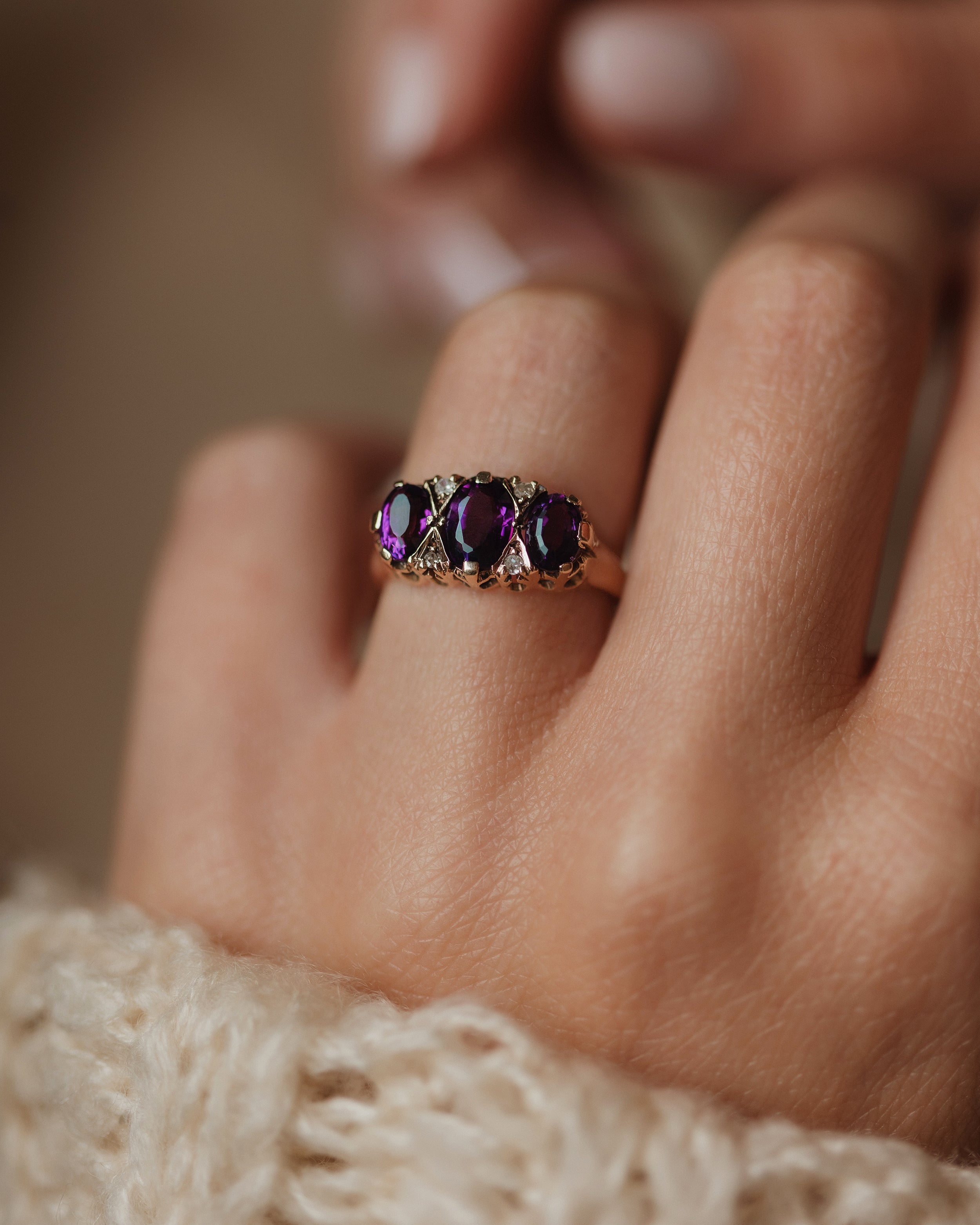 Olivia 1975 Vintage 9ct Gold Amethyst & Diamond Trilogy Ring