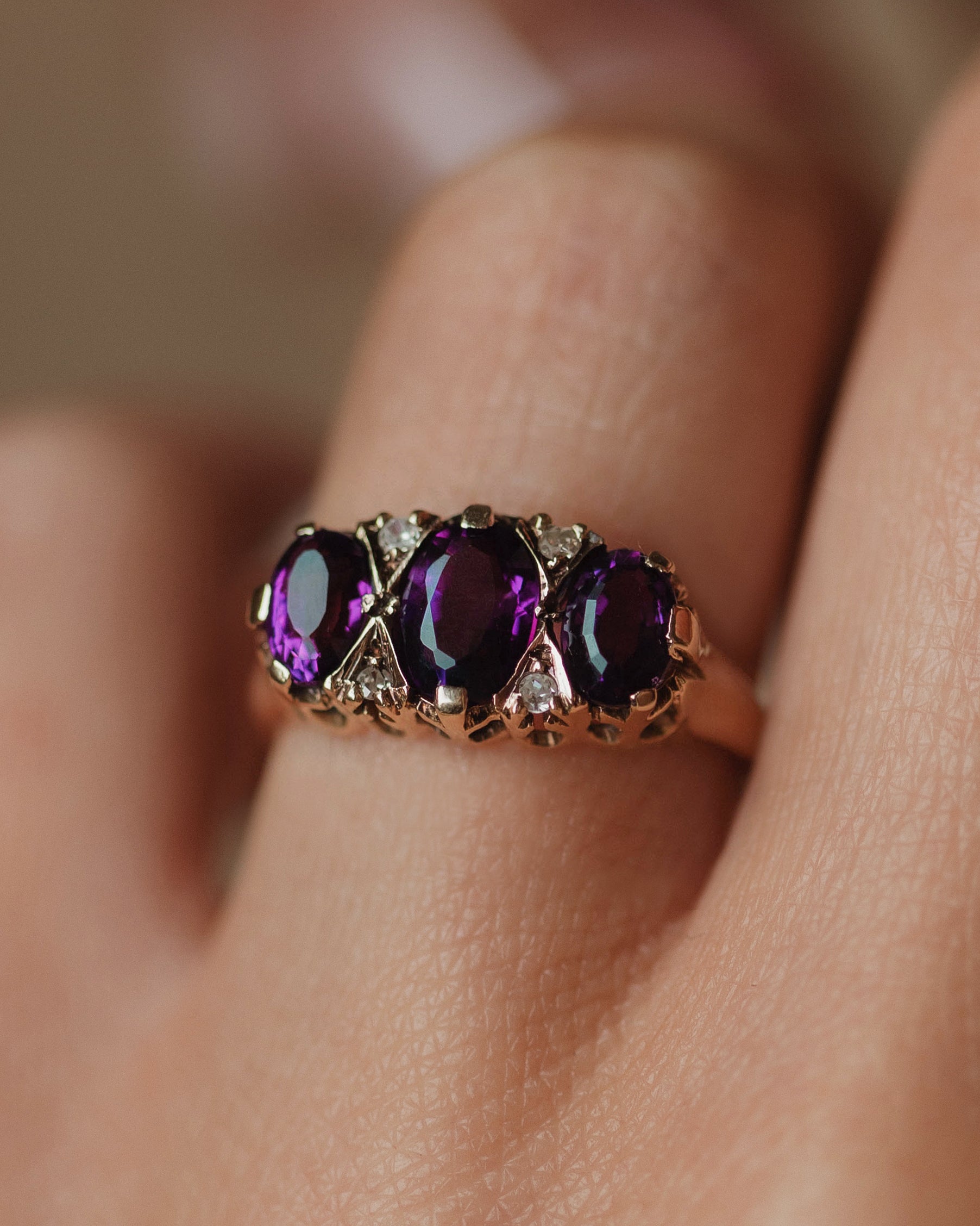Olivia 1975 Vintage 9ct Gold Amethyst & Diamond Trilogy Ring