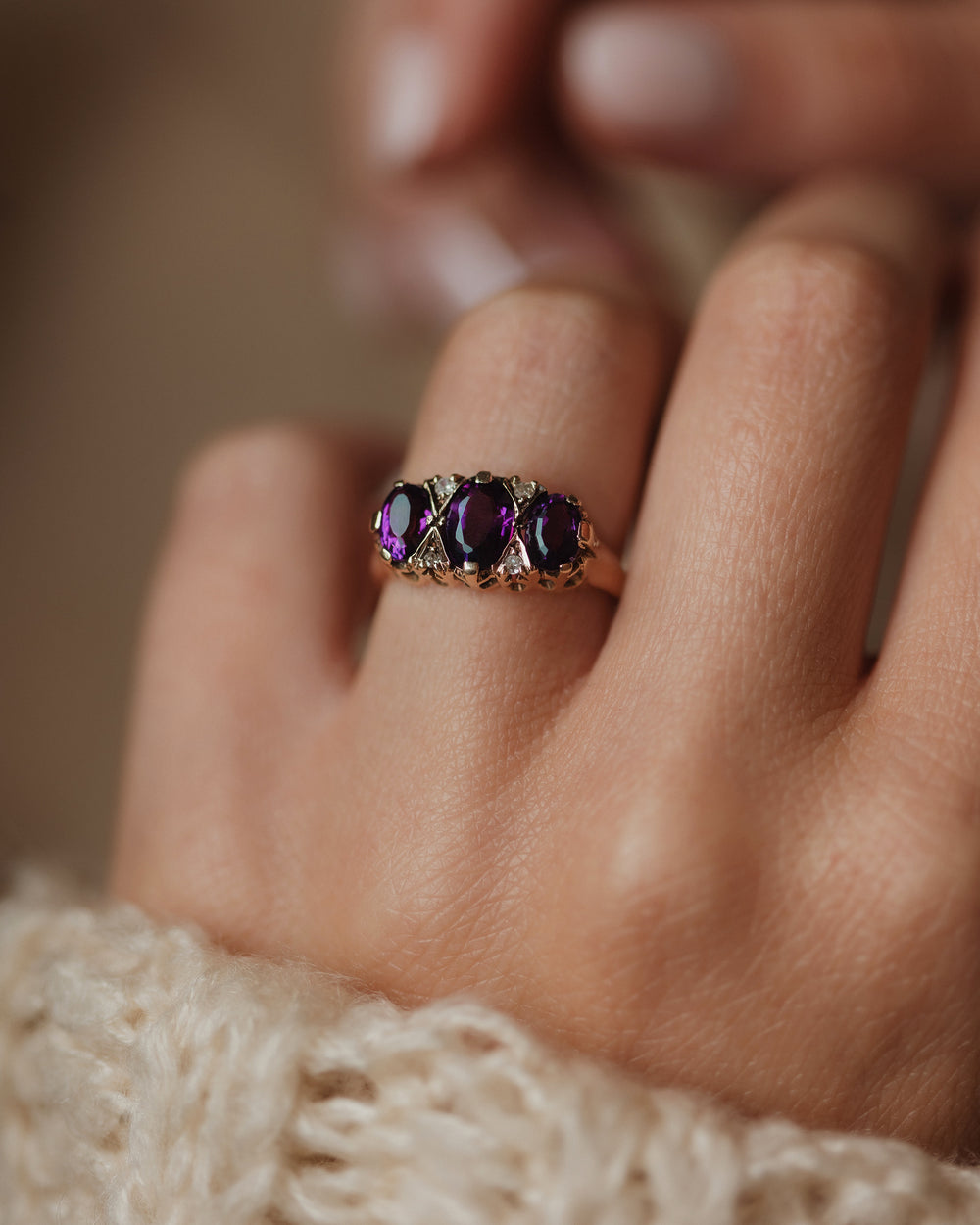 Olivia 1975 Vintage 9ct Gold Amethyst & Diamond Trilogy Ring