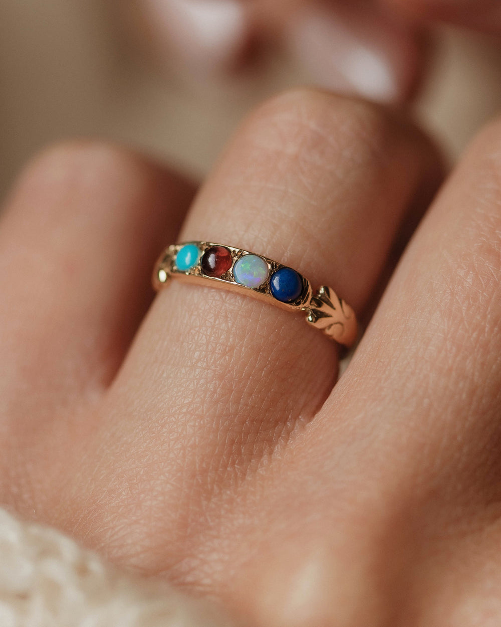 Mirah Vintage 9ct Gold Lapis, Opal, Garnet & Turquoise Four Stone Ring