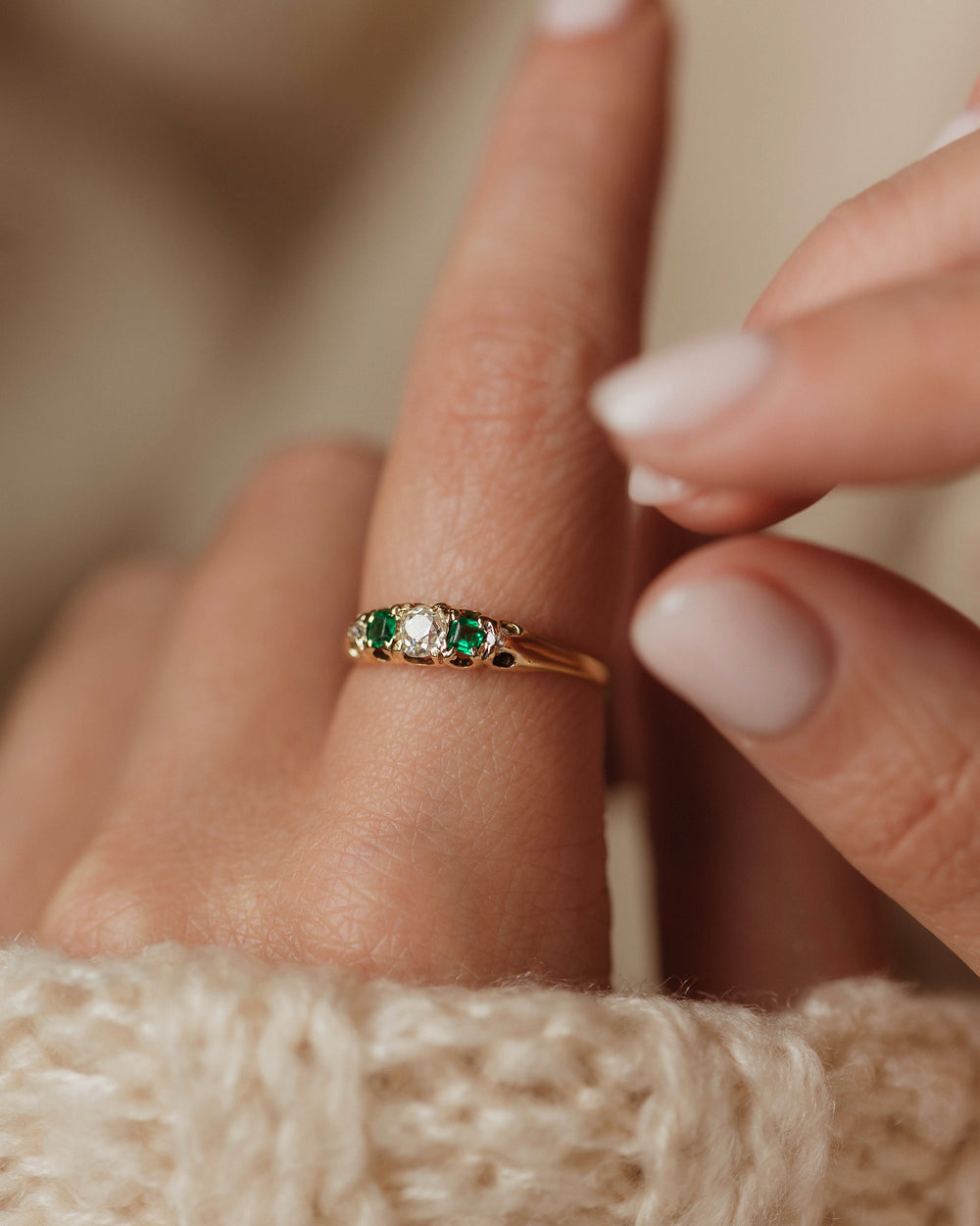 Augusta Antique 18ct Gold Emerald & Diamond Five Stone Ring