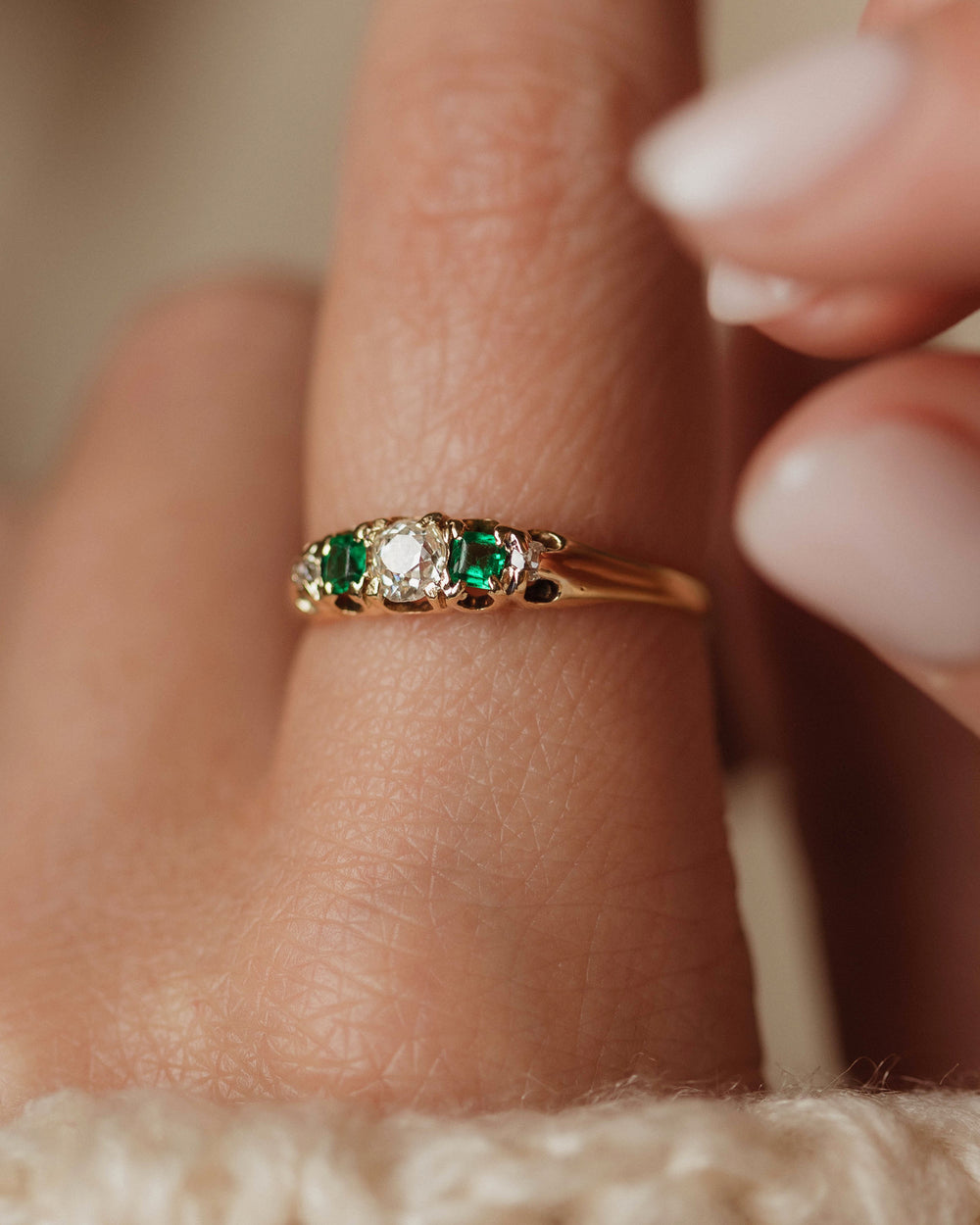 Augusta Antique 18ct Gold Emerald & Diamond Five Stone Ring