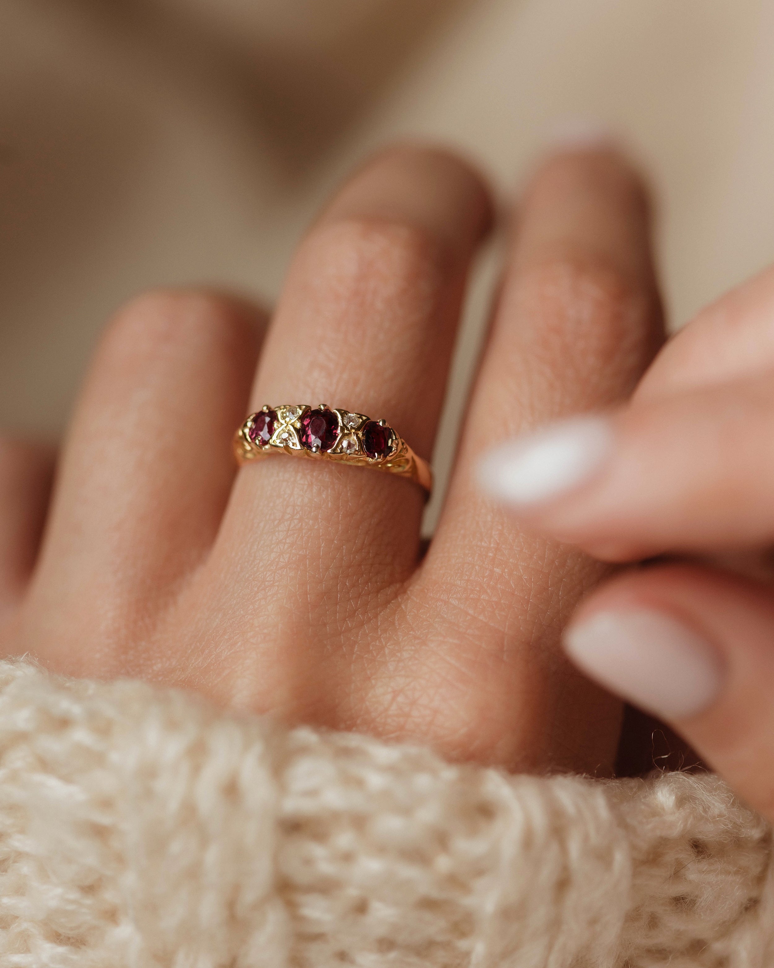 Celia Antique 18ct Gold Ruby & Diamond Seven Stone Ring