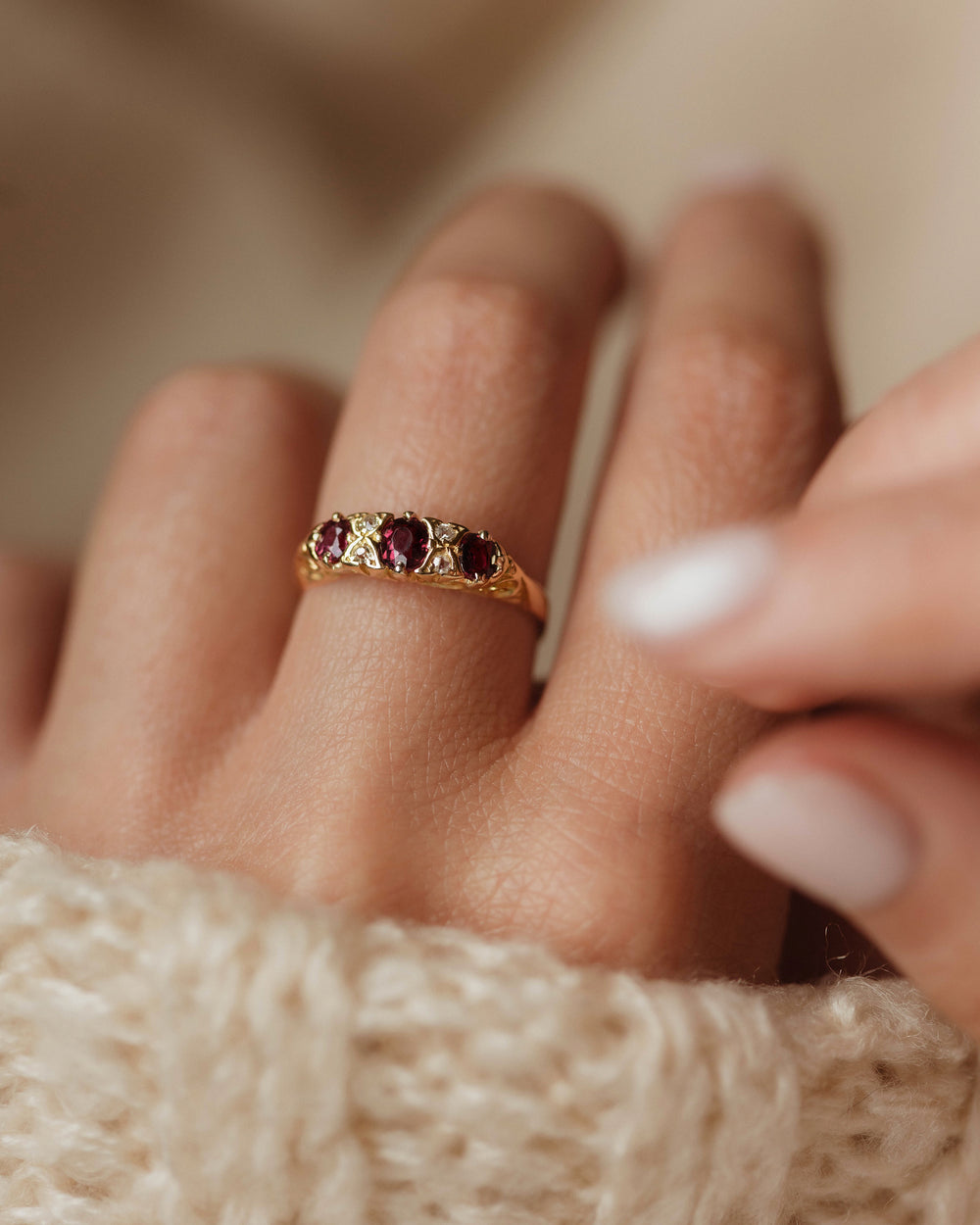 Celia Antique 18ct Gold Ruby & Diamond Seven Stone Ring