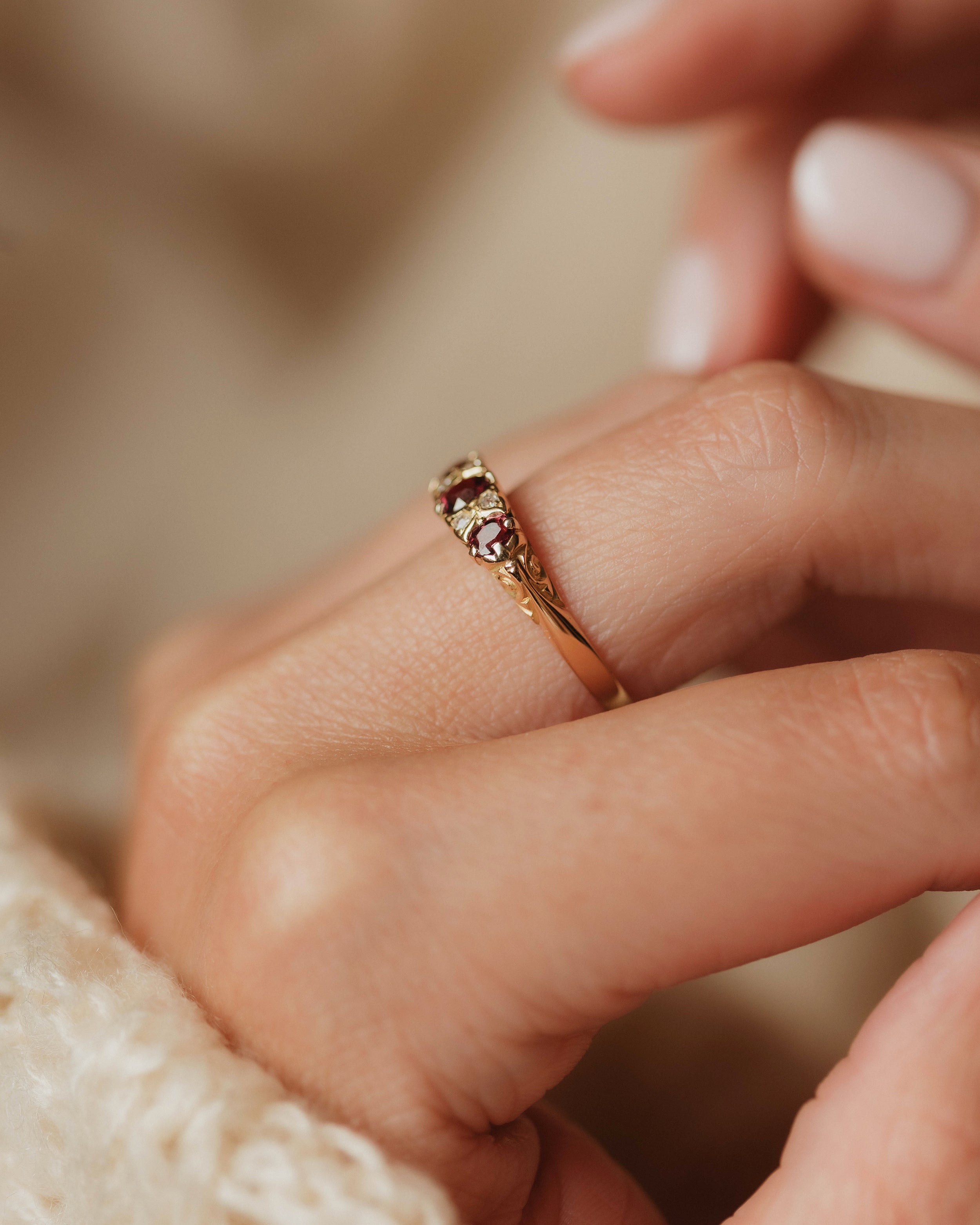 Celia Antique 18ct Gold Ruby & Diamond Seven Stone Ring