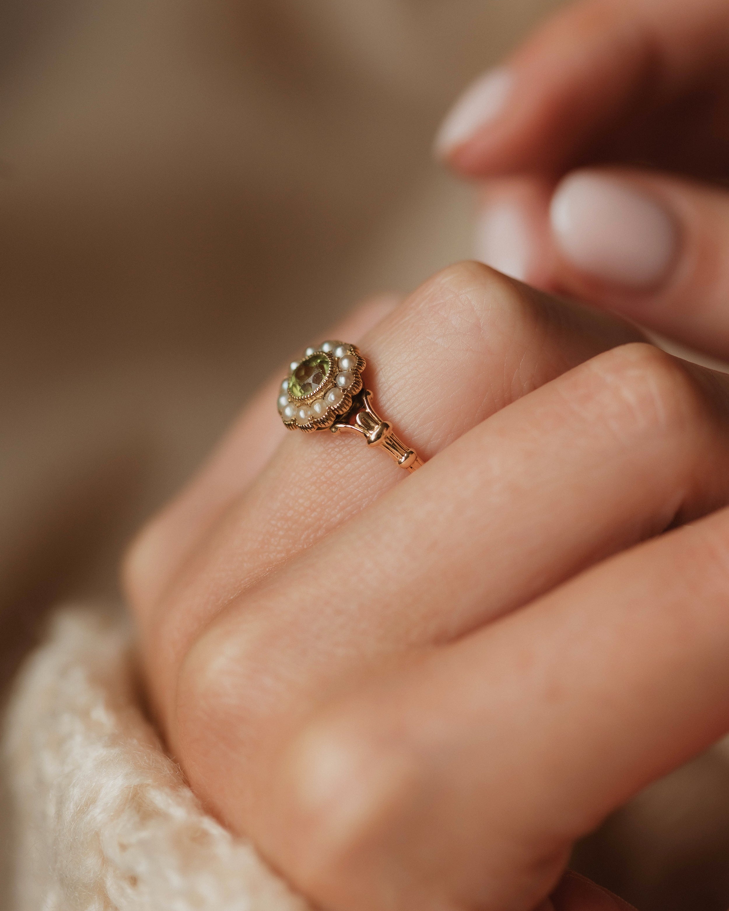 Annaliese Vintage 18ct Gold Peridot & Pearl Cluster Ring