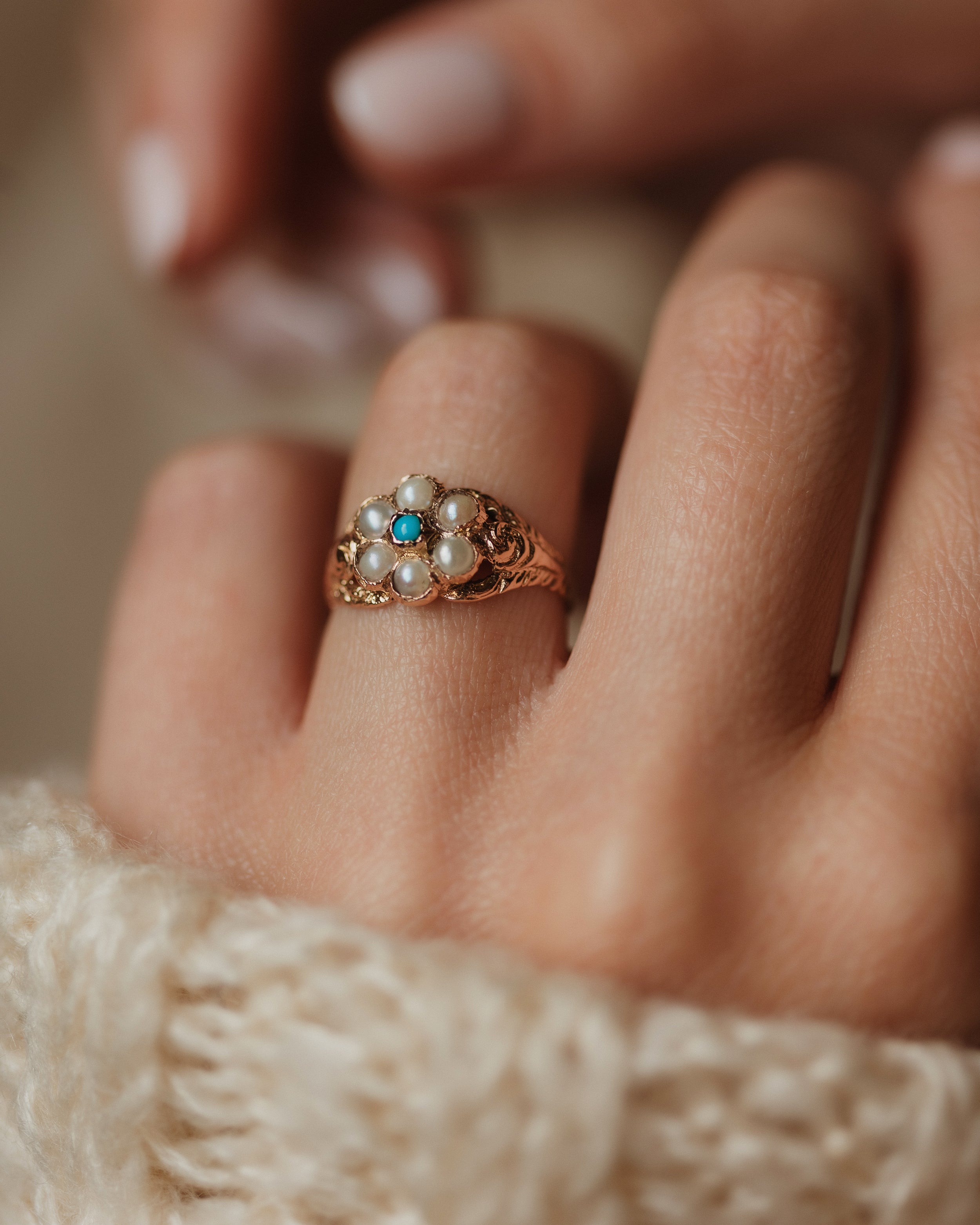 Image of Ophelia 1966 Vintage 9ct Gold Turquoise & Pearl Cluster Ring