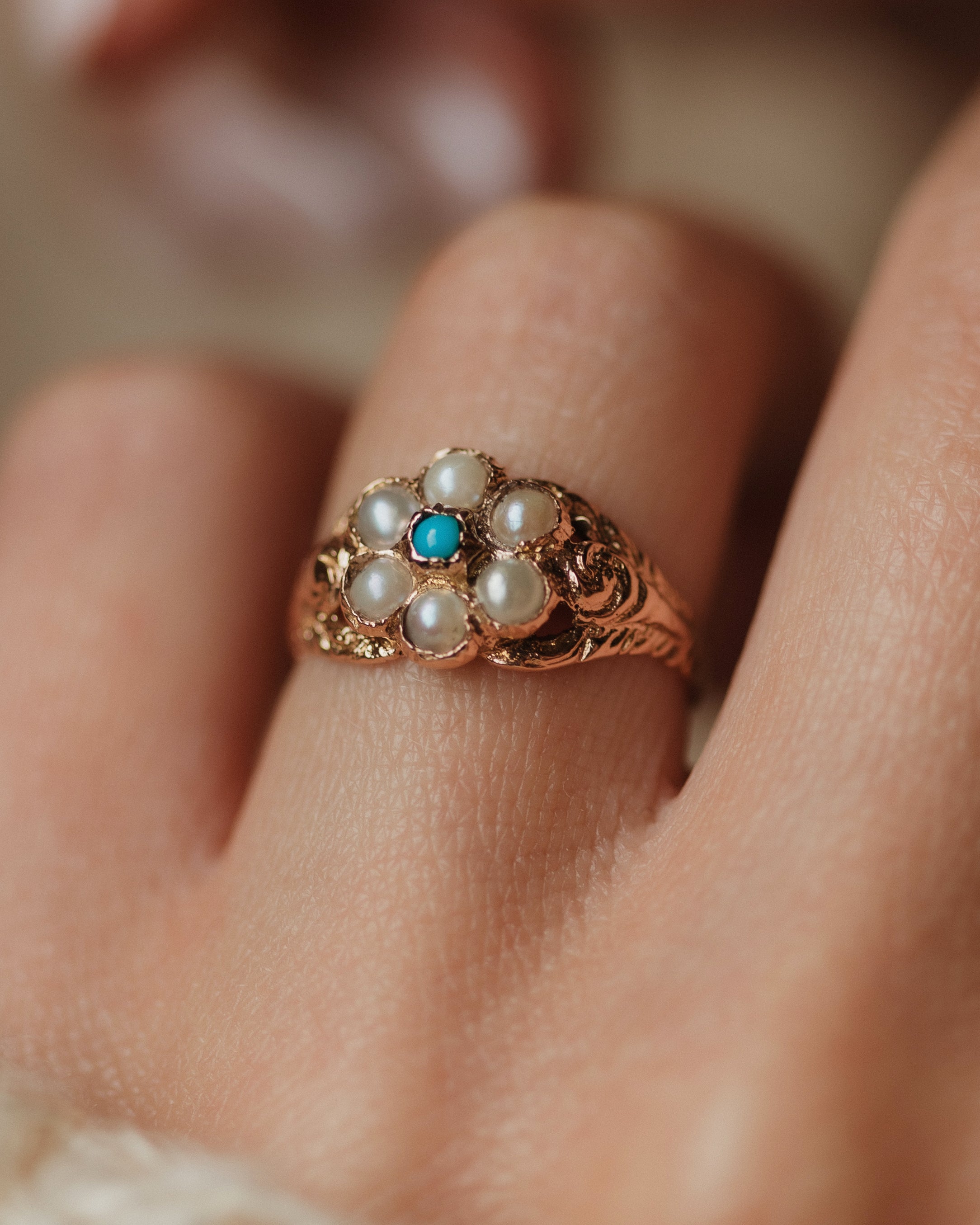 Ophelia 1966 Vintage 9ct Gold Turquoise & Pearl Cluster Ring