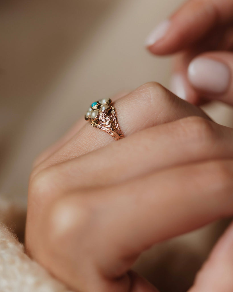 Ophelia 1966 Vintage 9ct Gold Turquoise & Pearl Cluster Ring