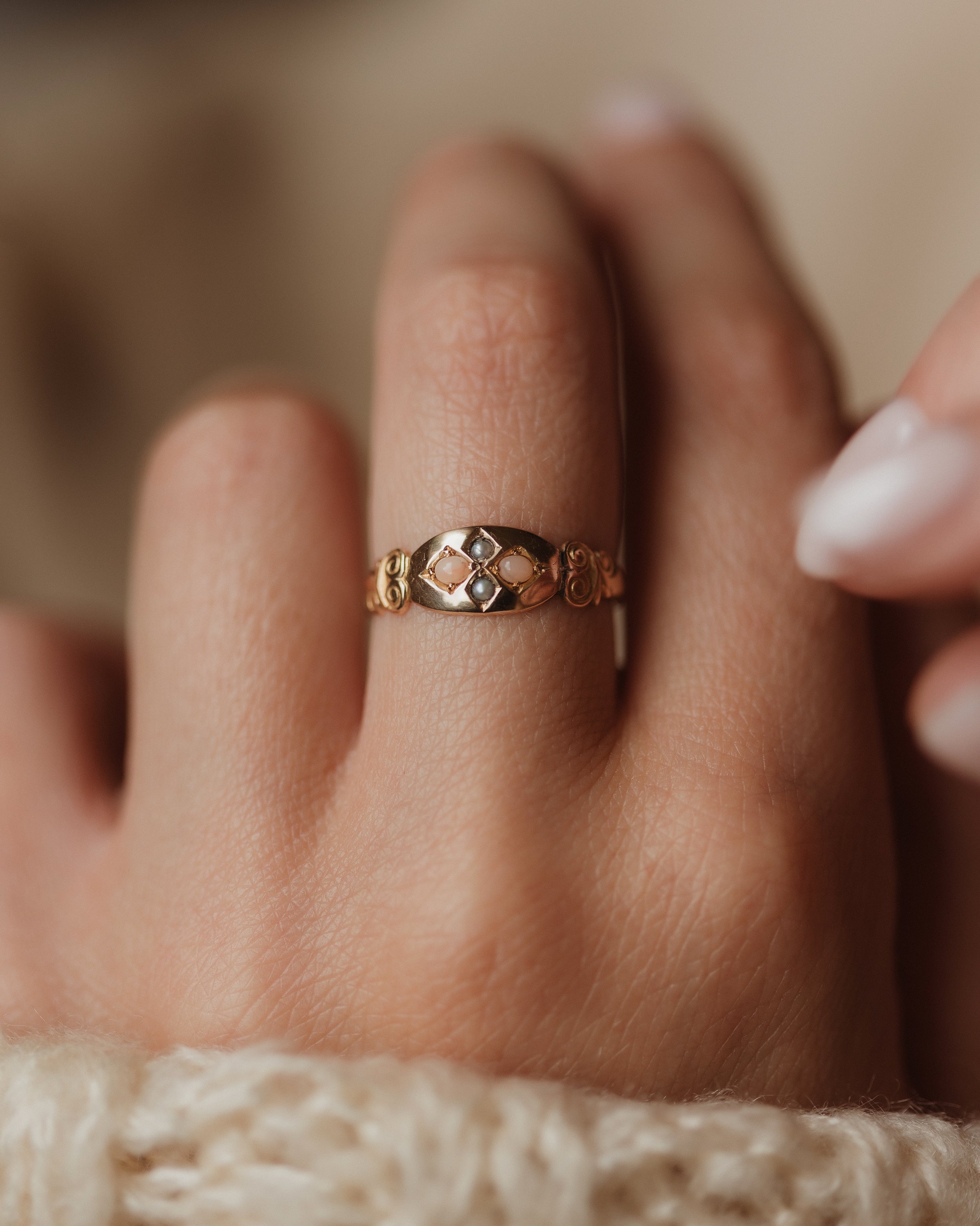 Image of Caitlin 1901 Antique 9ct Gold Coral & Pearl Four Stone Ring