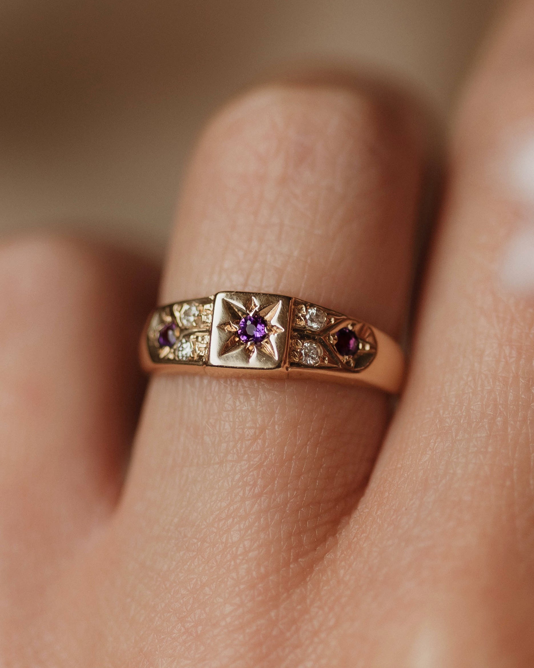 Penelope Vintage 9ct Gold Amethyst & Diamond Seven Stone Ring