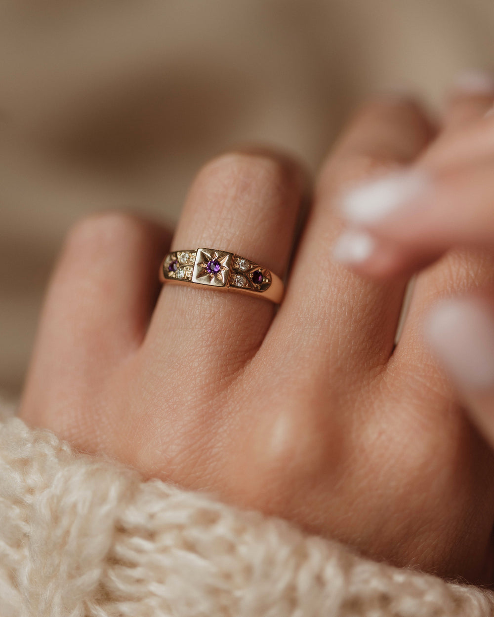 Penelope Vintage 9ct Gold Amethyst & Diamond Seven Stone Ring