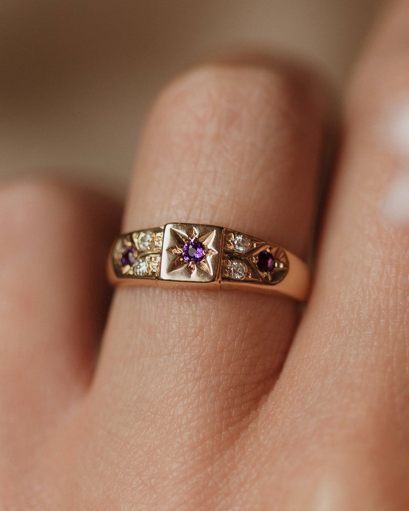 Penelope Vintage 9ct Gold Amethyst & Diamond Seven Stone Ring